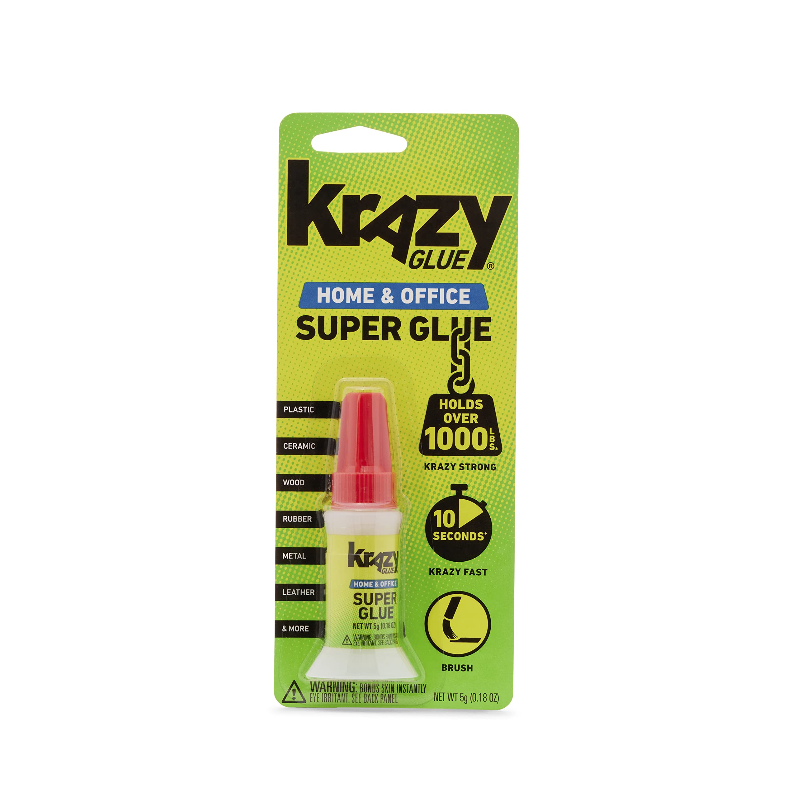 Krazy Glue Home & Office Brush-On Superglue (5g), Quick Dry, No-Clog Clear Adhesive for Plastic, Ceramic, Wood, Rubber, Metal, Leather & More