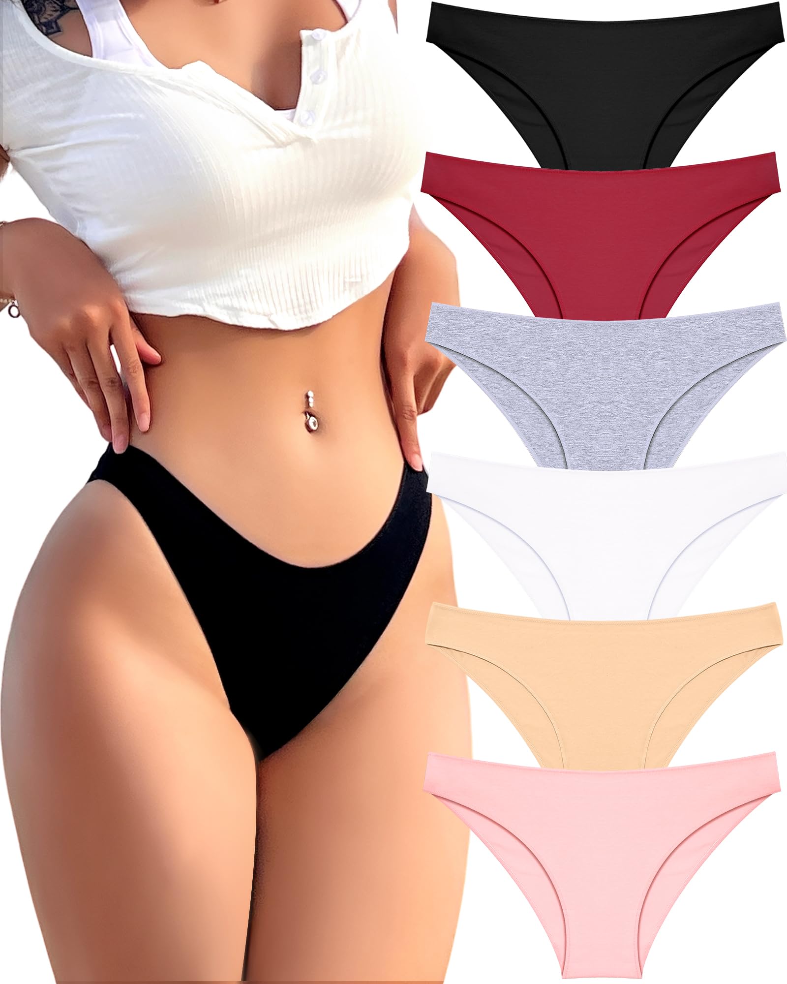 FINETOO 6er Pack Baumwollunterwäsche für Damen, niedliche Low-Rise Bikini-Höschen, hoher Beinausschnitt, atmungsaktiv, sexy Damen-Cheeky S-XL