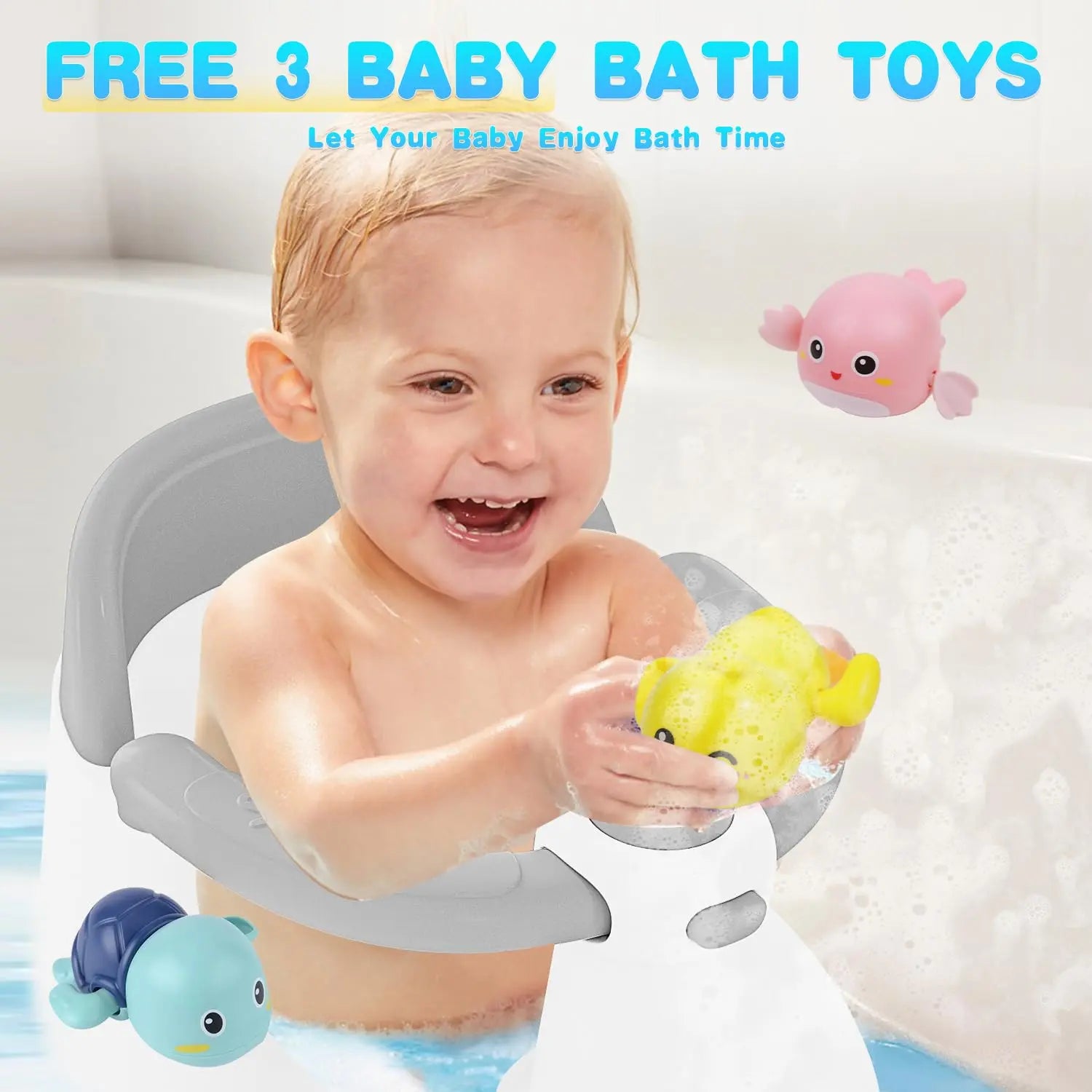 Baby Bath Seat for Babies 6 Months & Up, Bath Seats for Babies Sitting Up, 3 Baby Bath Toys, Open Design, Non-Slip, Compact Toddler Bath Seat.
