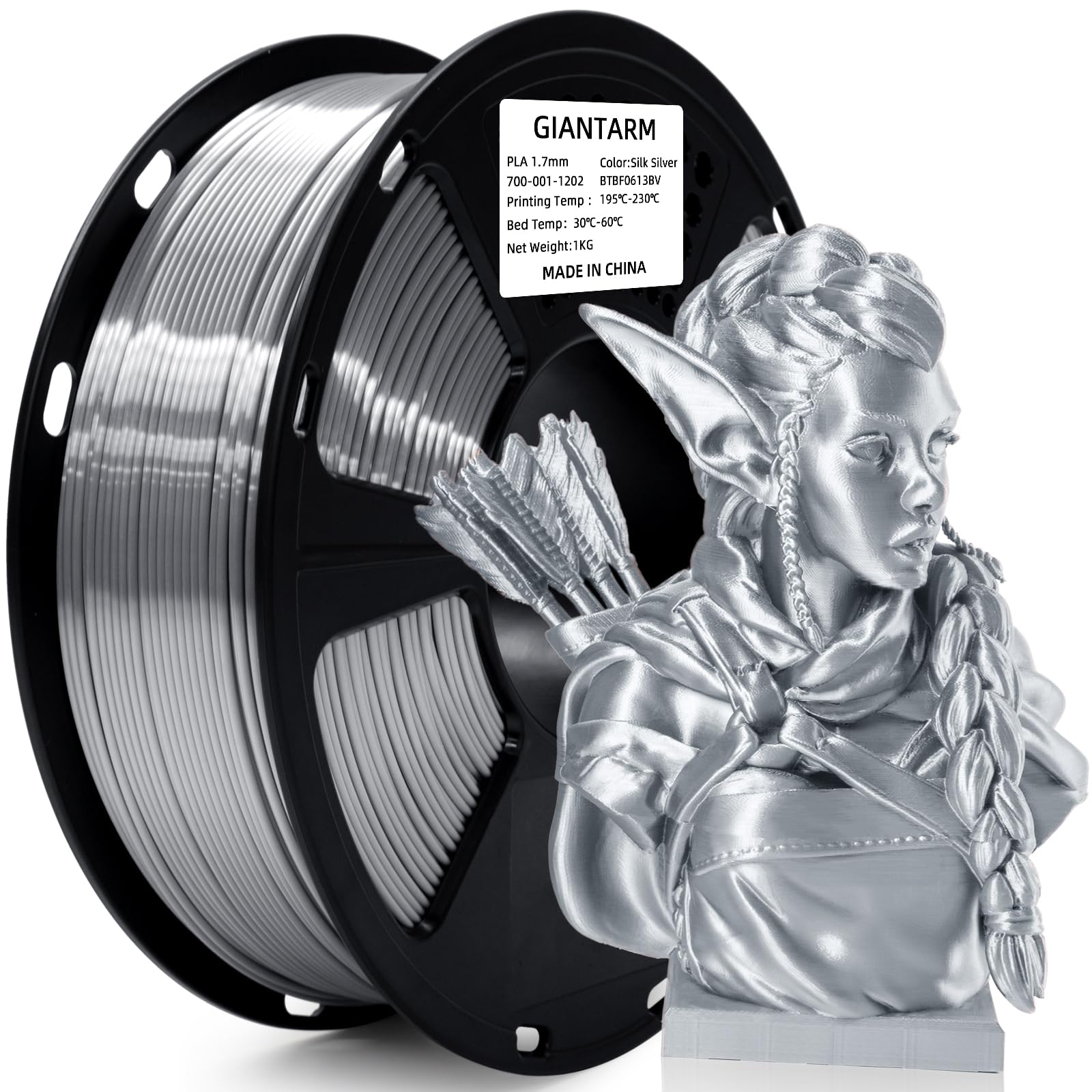 GIANTARM Seide Metallic Silber PLA 3D-Drucker-Filament 1kg Spule, 1.75mm Maßgenauigkeit +/-0.03mm, 329 Meter pro Rolle, Vakuumverpackung