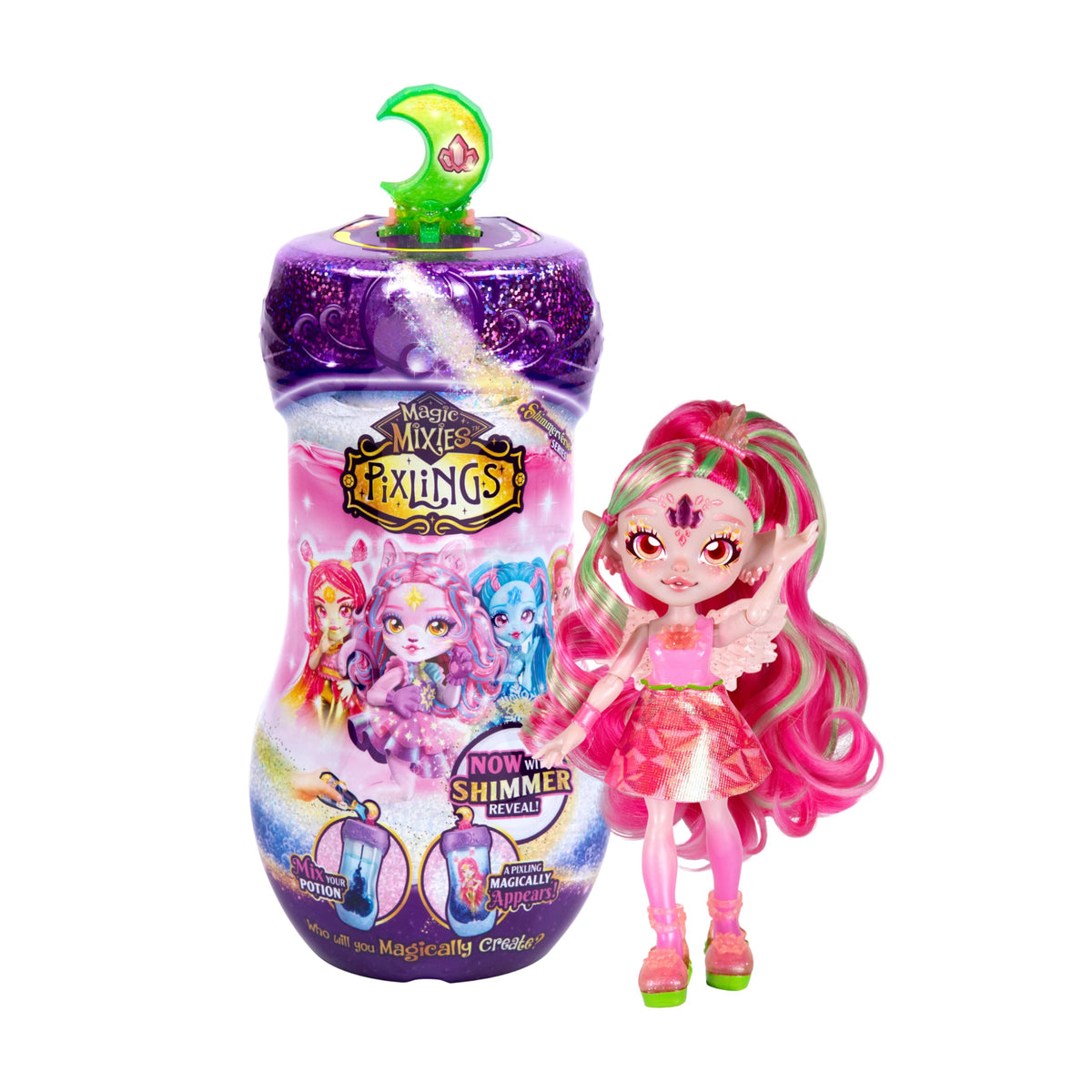 Magic Mixies Shimmerverse-Serie, erstelle und mische magische Tränke, um Faye die Feen-Pixling magisch zu enthüllen. Diese wunderschöne 6,5-Zoll Shimmerverse-Pixling-Modepuppe erscheint in der Zaubertrankflasche