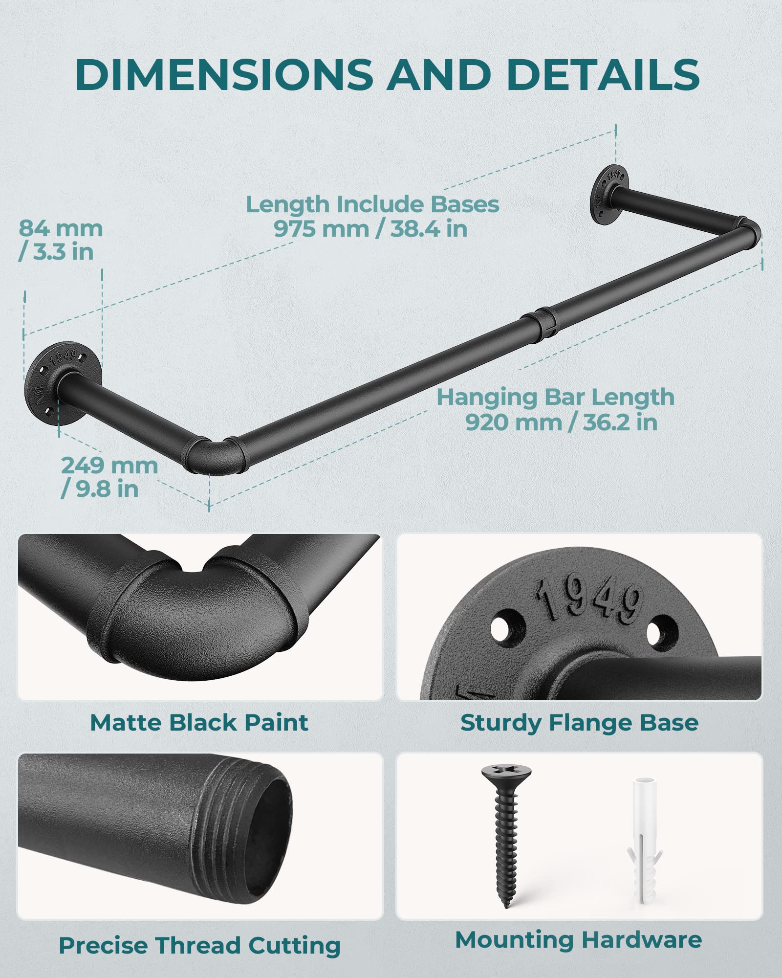 OROPY Industrial Pipe Clothes Rack Wall Mounted Set of 2, 38.4 inches Heavy Duty Iron Pipe Clothing Garment Rail, Multi-Purpose Clothing Hanging Rod for Laundry Room and Closet Storage