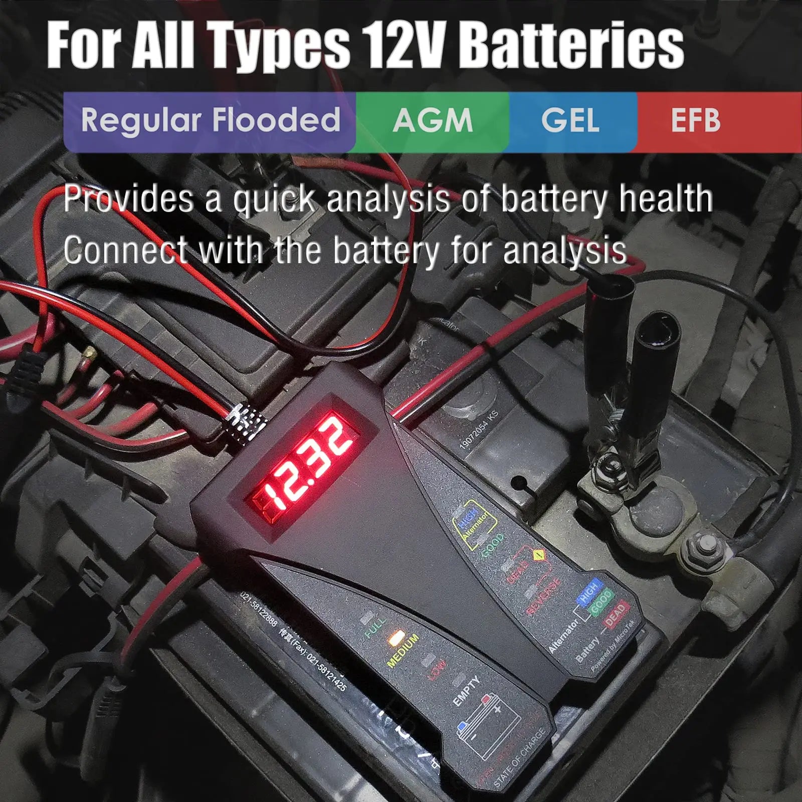 MOTOPOWER MP0514A 12V Digital Car Battery Tester Voltmeter and Charging System Analyzer with LCD Display and LED Indication - Black Rubber Paint