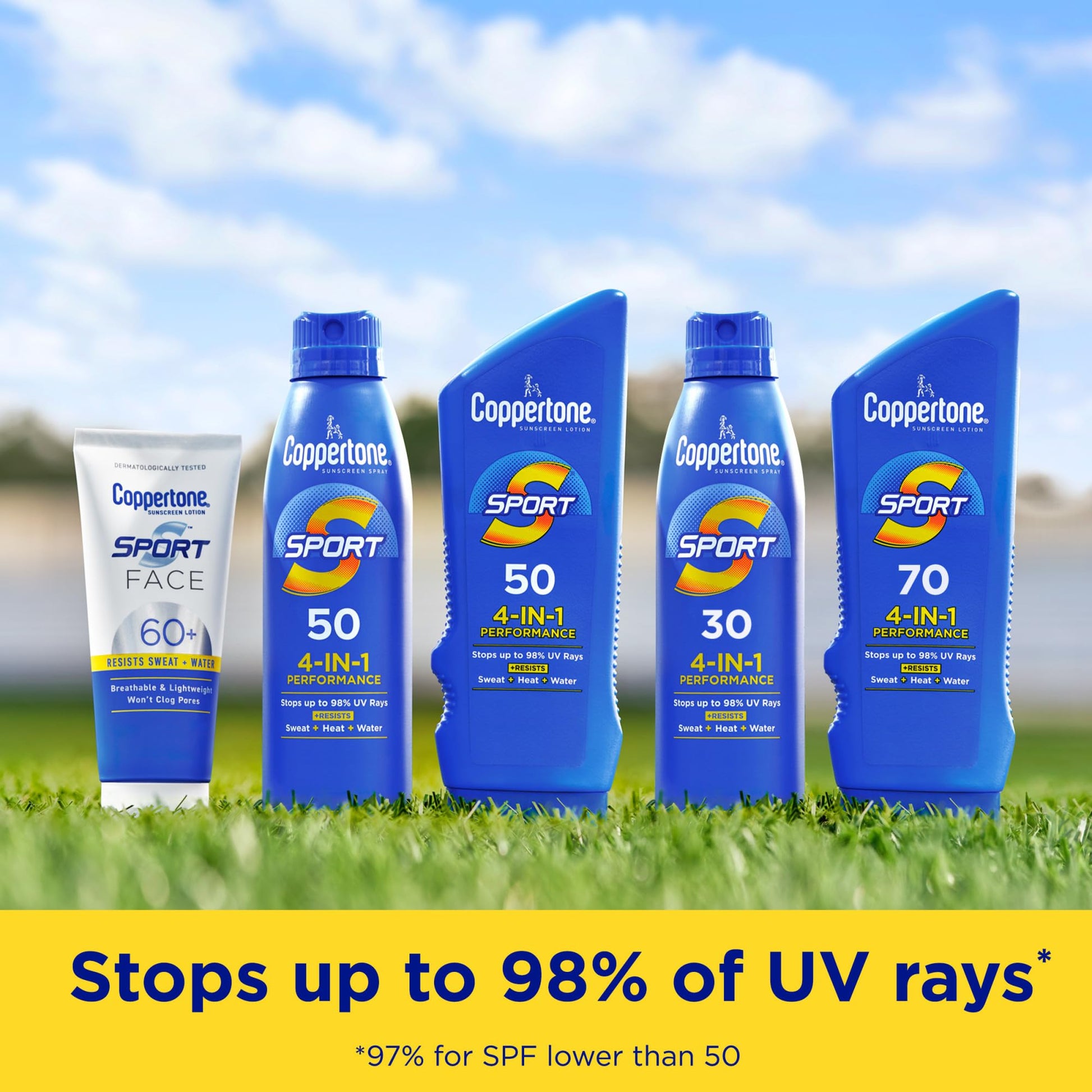 Coppertone Sport Sunscreen Spray SPF 50, Sweat, Heat and Water Resistant Sunblock, Lightweight, Oxybenzone Free, Spray Sunscreen Bulk Pack, 5.5 Oz Bottle, Pack of 3 (Packaging May Vary)