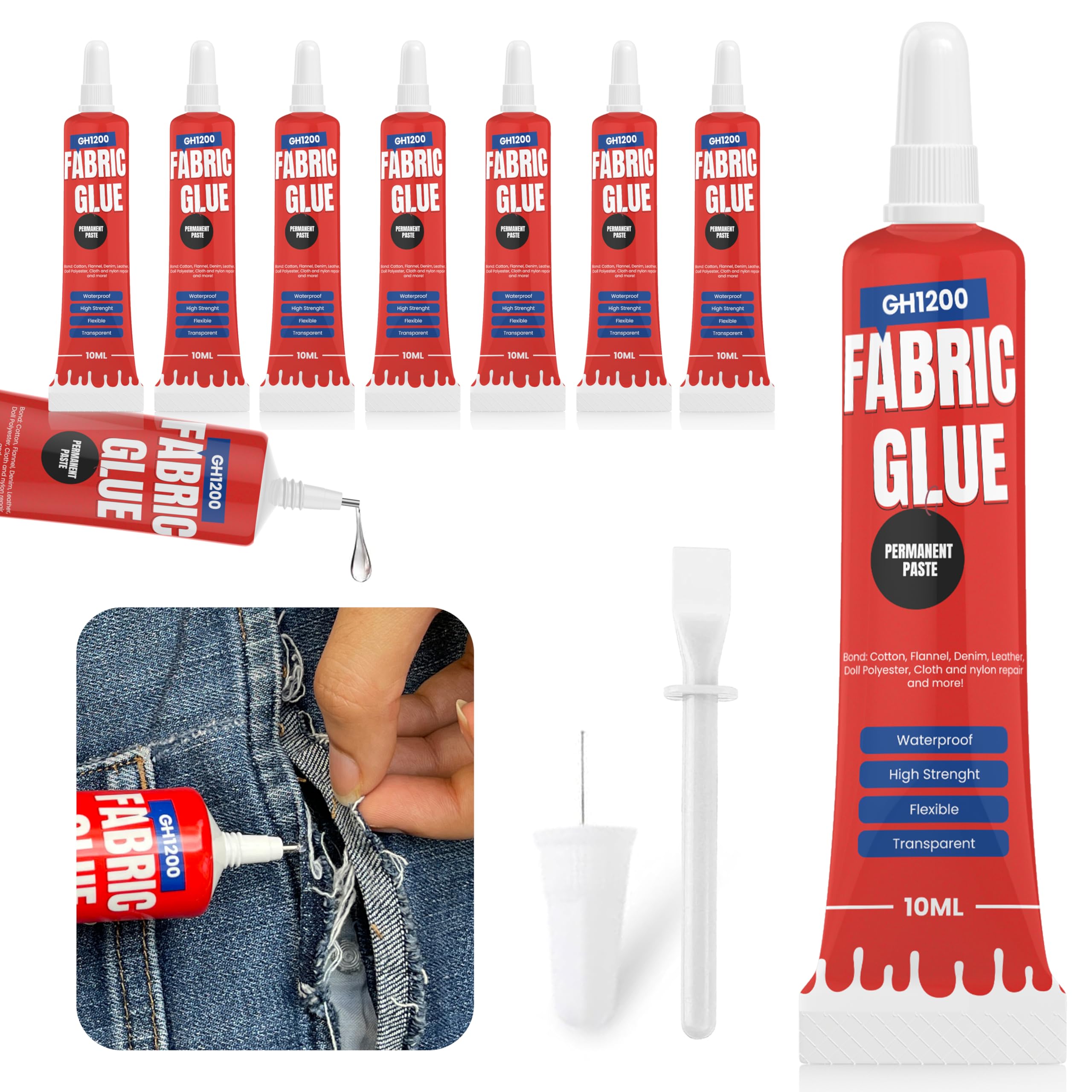 Fabric Glue Permanent (10 ML x 8), Fabric Glue for Clothing Permanent Washable for Rhinestones, Patches, Clothes, Denim, Leather, Polyester, Fabrics, Doll Repair, Flannel, Cotton & More