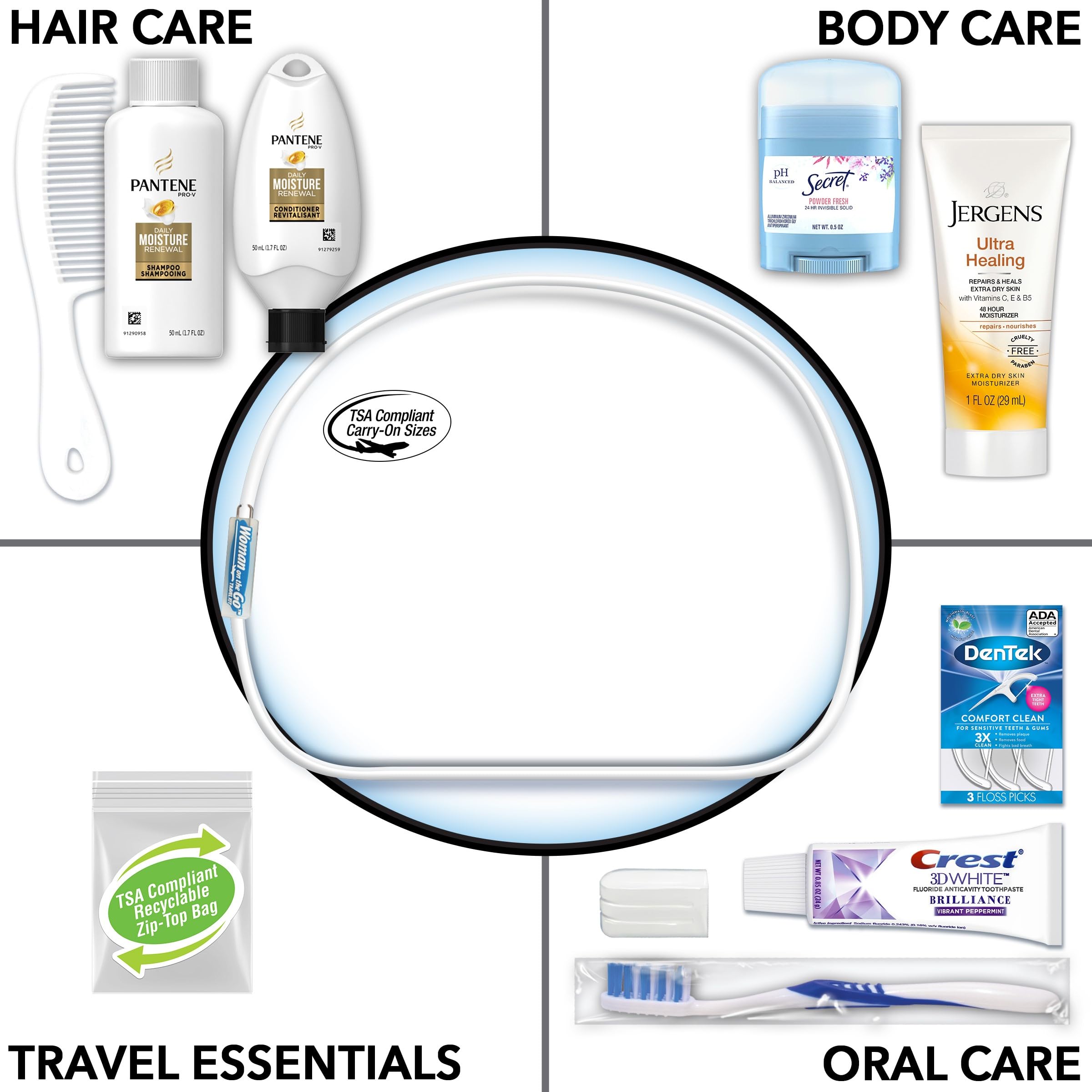 Convenience Kits International Women's Deluxe 10 Piece Kit with Travel Size TSA Compliant Essentials Featuring: Pantene Hair Products in Reusable Toiletry Zippered Bag