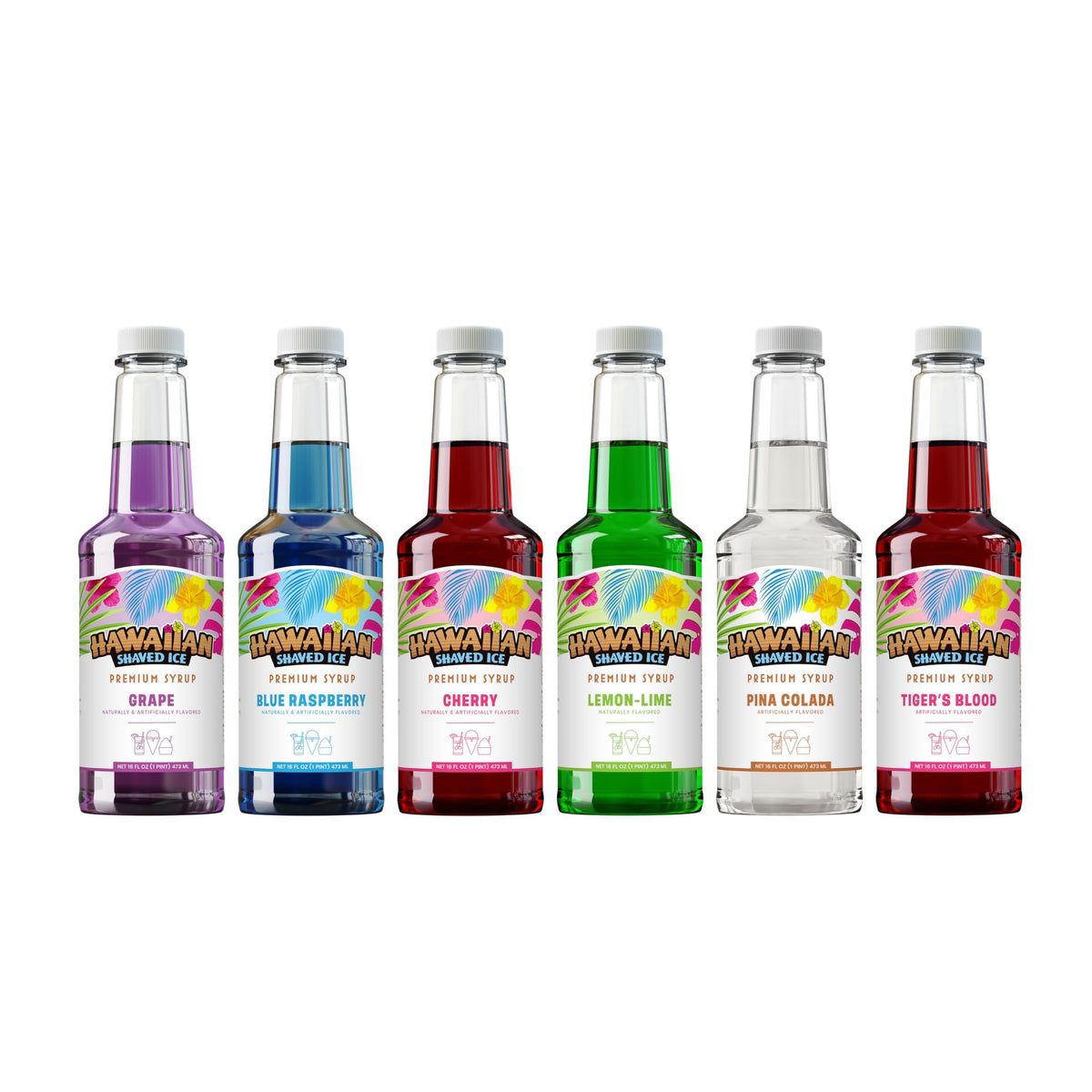 Hawaiian Shaved Ice Sirup-Sortiment, 6 beliebte 16oz Geschmacksrichtungen: Kirsche, Traube, Blaue Himbeere, Tiger's Blood, Zitrone-Limette, Piña Colada
