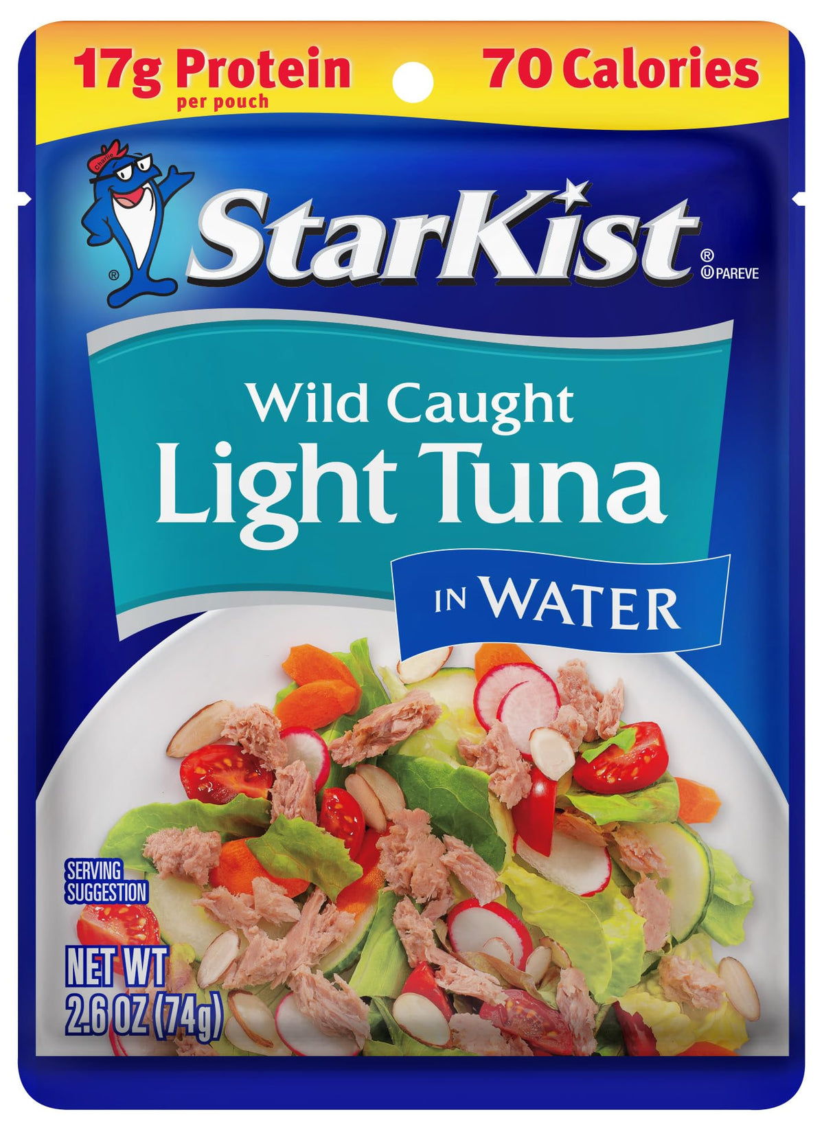 StarKist Light Thunfischstücke in Wasser, 74g Beutel (1 Packung) Verzehrfertiger Thunfisch aus Wildfang, 17g Protein, 70 Kalorien pro Portion, Glutenfrei, Sojafrei, Koscher, Perfekt für Salate, Keto-Mahlzeiten und Snacks
