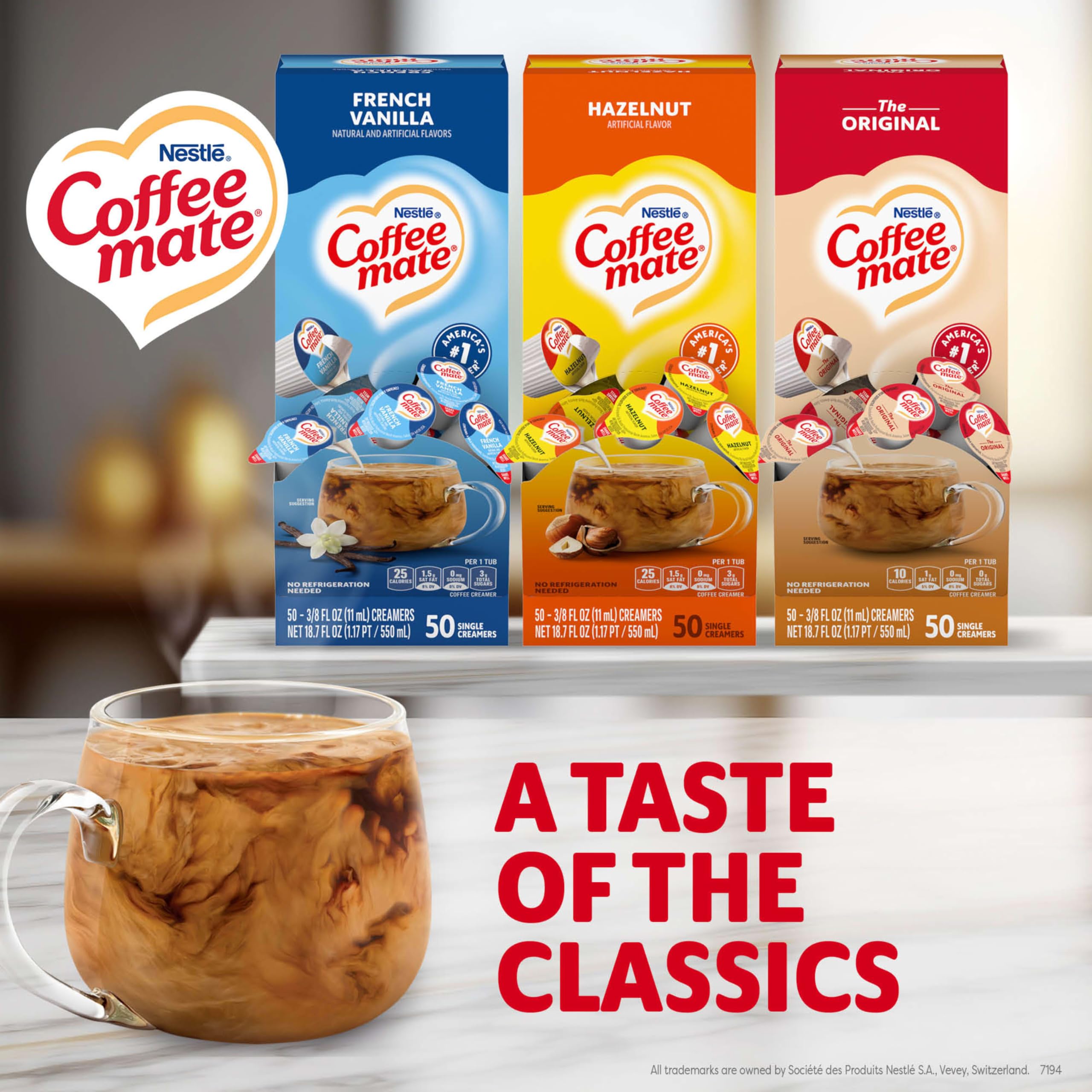Nestle Coffee mate Creamer Singles Variety Pack, Original, French Vanilla, Hazelnut, Non Dairy, No Refrigeration, 0.375 fl oz Tubs, 150 Count (Pack of 50 Per Flavor)