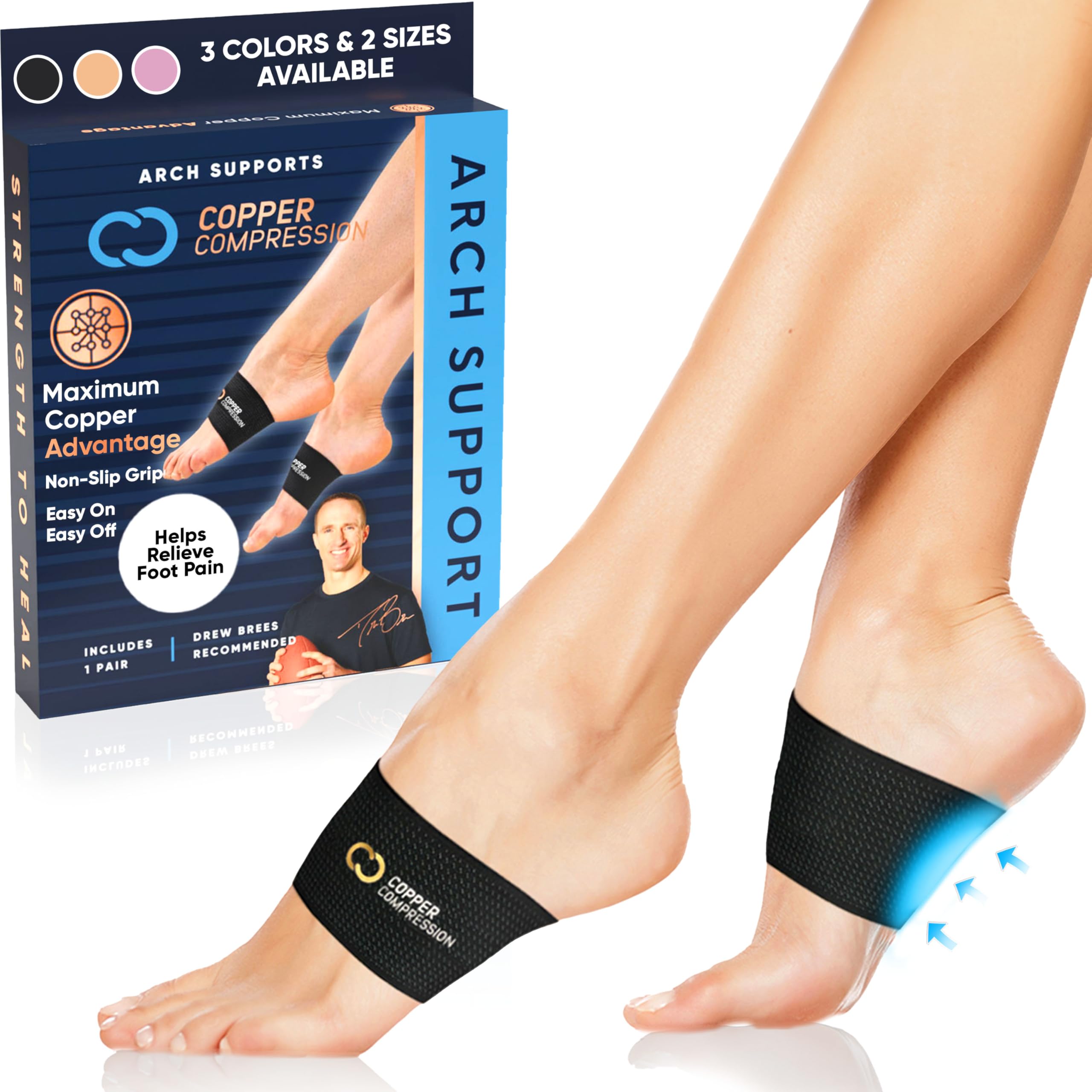Copper Compression Fußgewölbestütze – 2 schmerzlindernde Fußpflegebandagen für Plantarfasziitis, Fersensporn – breite und schmale Füße – Senkfüße und Plattfüße, Hohlfuß – Einheitsgröße – 1 Paar Schwarz