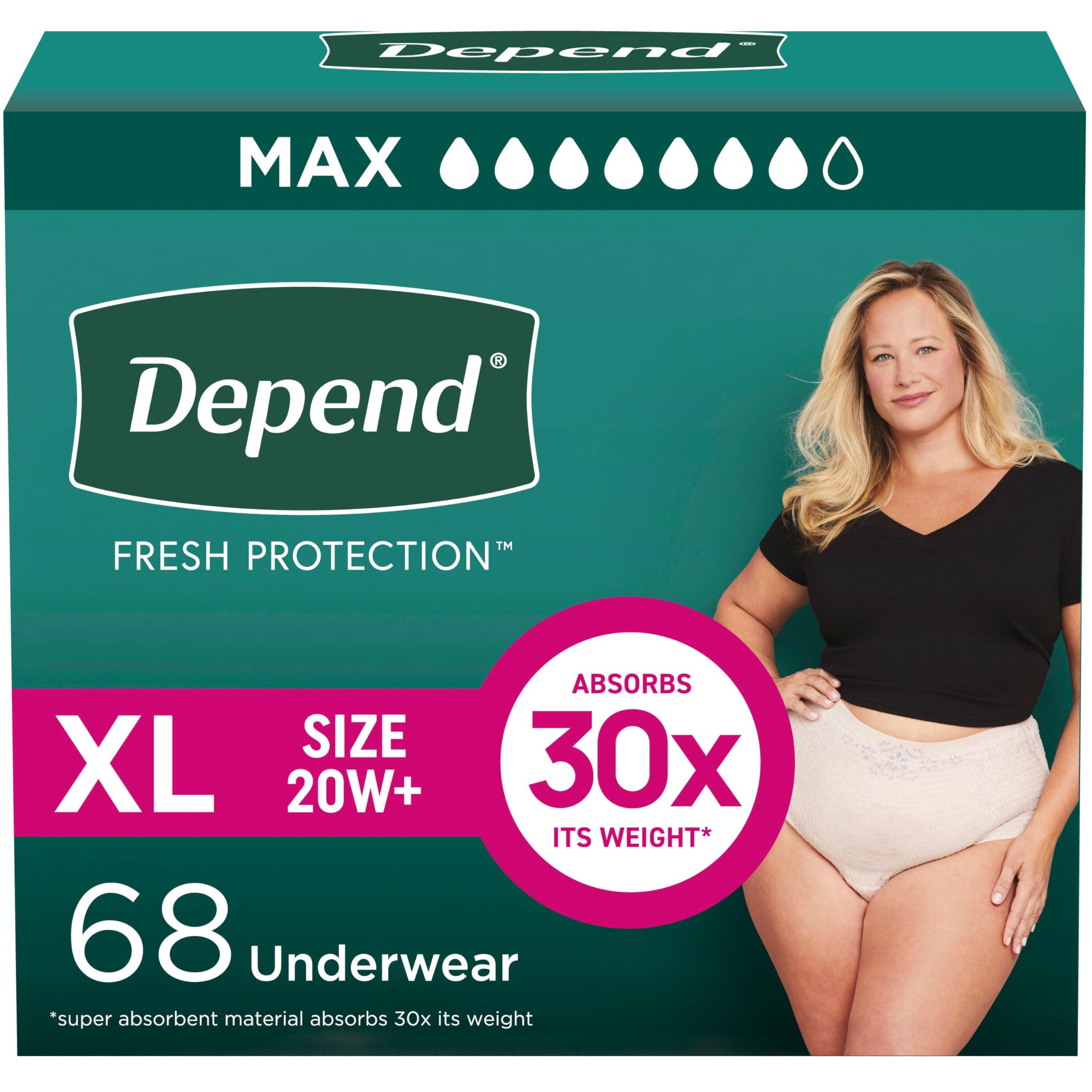 Depend Fresh Protection Adult Incontinence & Postpartum Bladder Leak Underwear for Women, Disposable, Maximum, Extra-Large, Blush, 68 Count (2 Packs of 34), Packaging May Vary