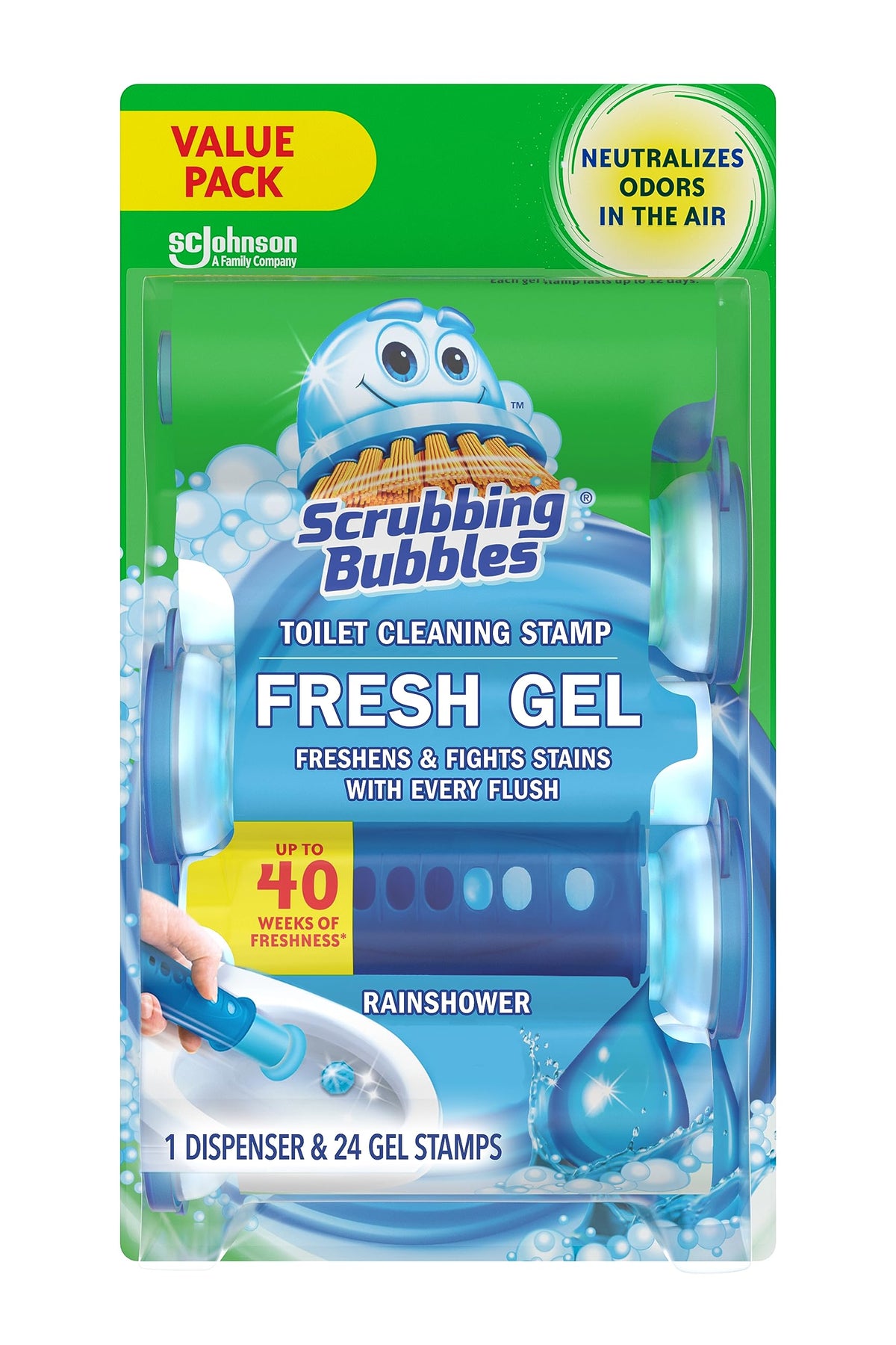 Scrubbing Bubbles Fresh Gel WC-Reiniger-Stempel, hält die Toilette sauber und hilft, Kalkablagerungen und Ränder zu verhindern, Duft Rainshower, 1 Spender mit 24 Fresh Gel Stempeln