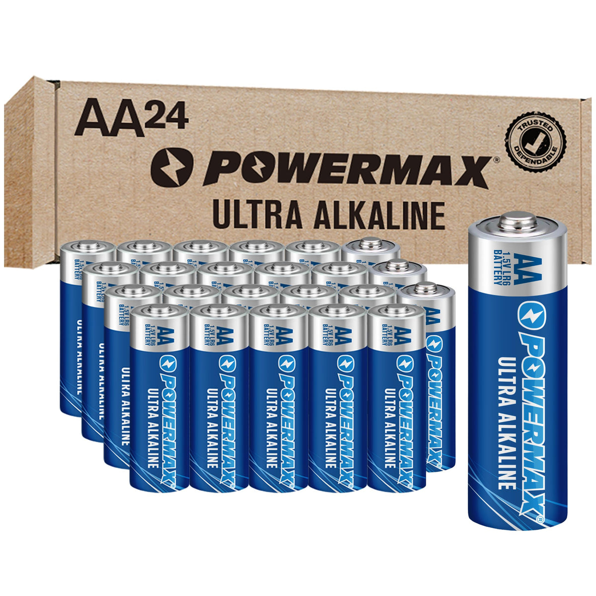 Powermax 24-Count Double AA Batteries, Ultra Long Lasting Alkaline Battery for Home and Office, 10-Year Shelf Life, Reclosable Packaging