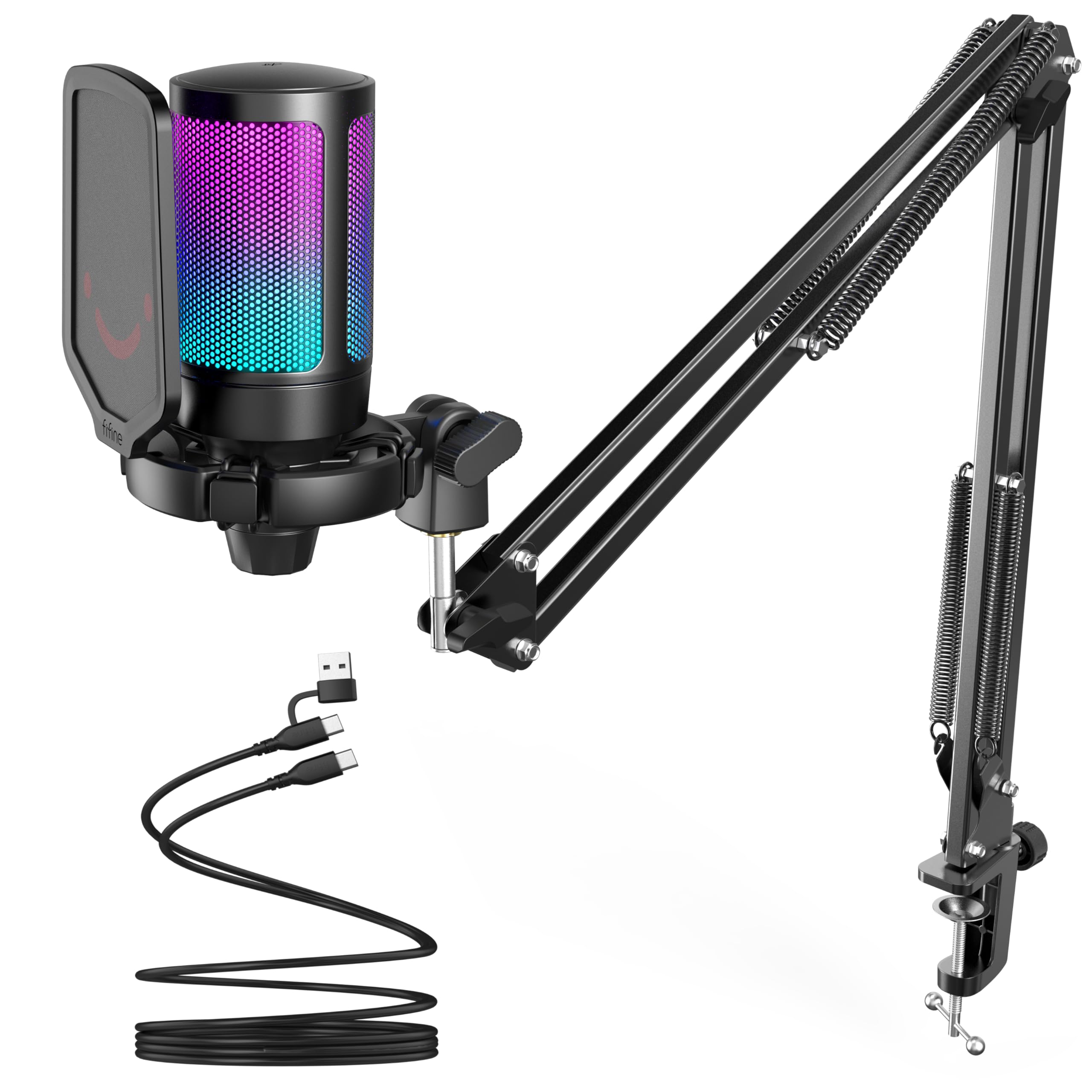 FIFINE Gaming PC USB Mikrofon, Podcast Kondensatormikrofon mit Mikrofonarm, Popfilter, Mute-Taste für Streaming, Twitch, Online-Chat, RGB Computermikrofon für PS4/5 PC Gamer Youtuber-AmpliGame A6T