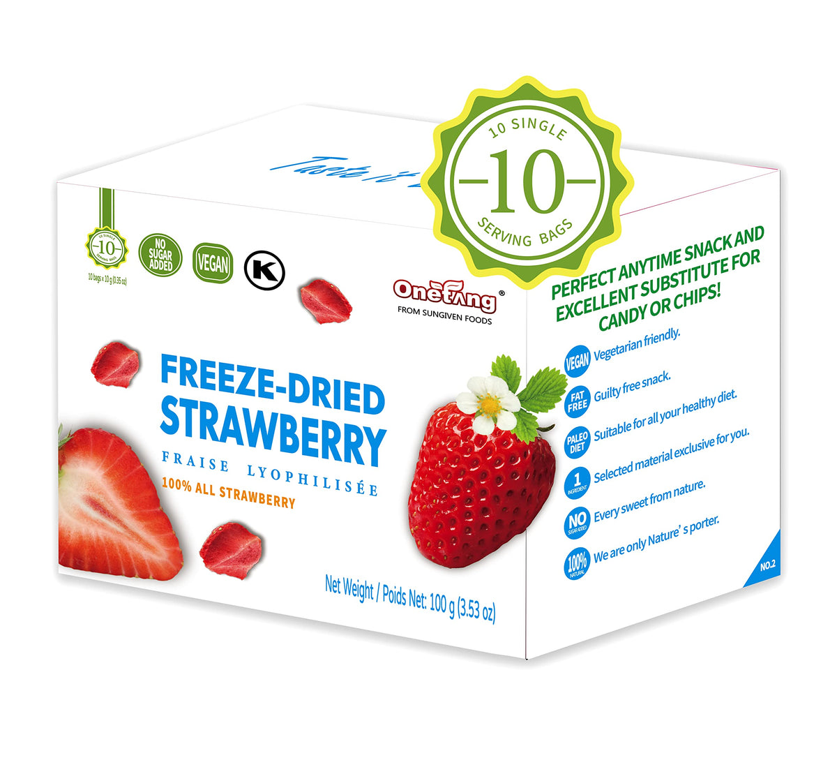 ONETANG Gefriergetrocknete Erdbeeren, 10er Pack Einzelportionen, ohne Gentechnik, Koscher, ohne Zuckerzusatz, Glutenfrei, Vegan, Weihnachtsgeschenke, Gesunder Snack 9,9 g