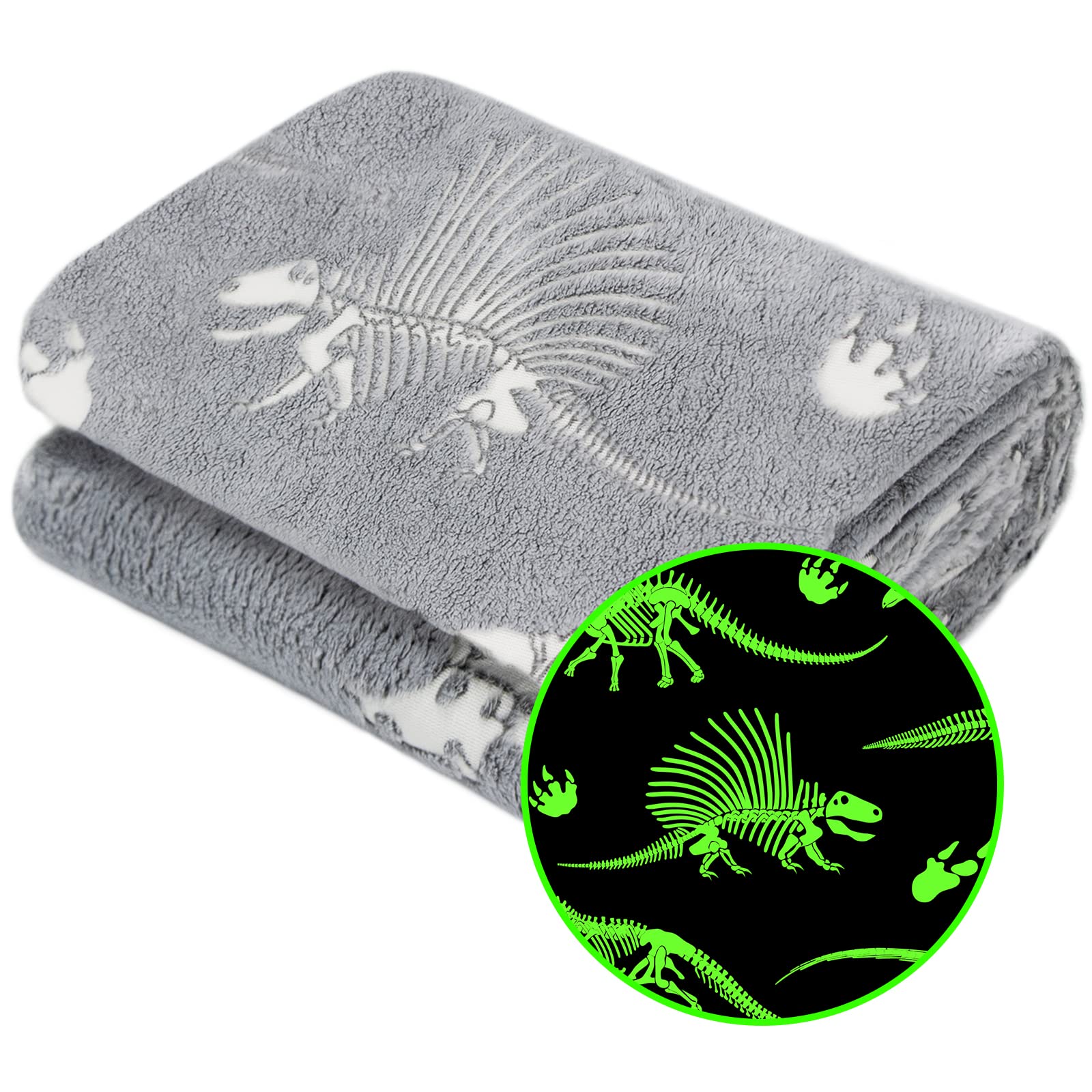 Leuchtende Dinosaurier-Decke für Jungen, Kinder, weich, warm, kuschelig, niedliche Dino-Decke, einzigartige Dinosaurier-Spielzeug-Geschenke, graue leuchtende Dinosaurier-Zimmerdekoration, Decken für Mädchen, Jugendliche 127x152 cm