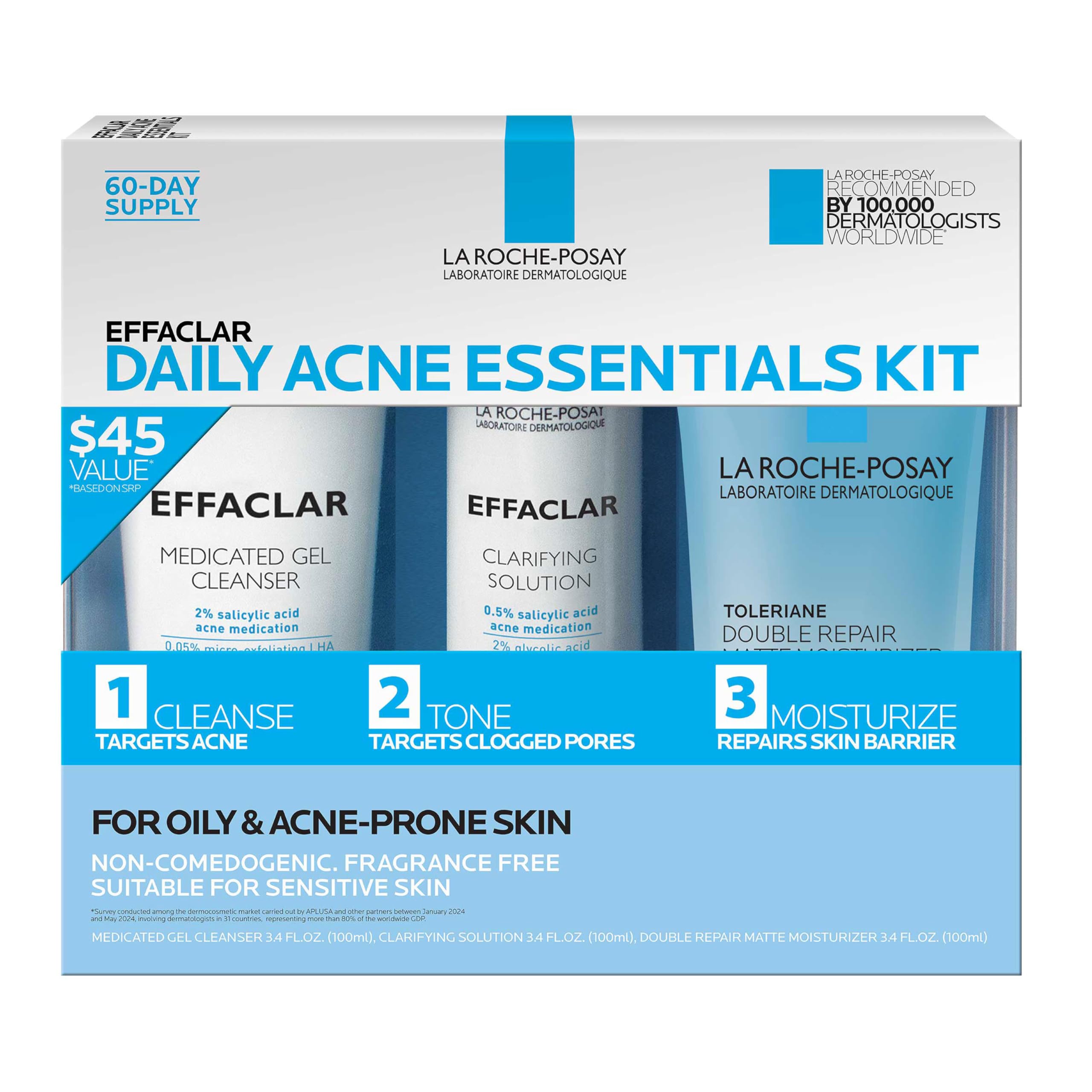 Effaclar Tägliches Akne-Essentials-Set, Akne-Behandlungssystem, Salicylsäure Akne-Reiniger, Porenverfeinerndes Gesichtswasser & Mattierende Gesichtsfeuchtigkeitspflege für fettige Haut & Mischhaut, Ölfrei, 2 Monatsvorrat