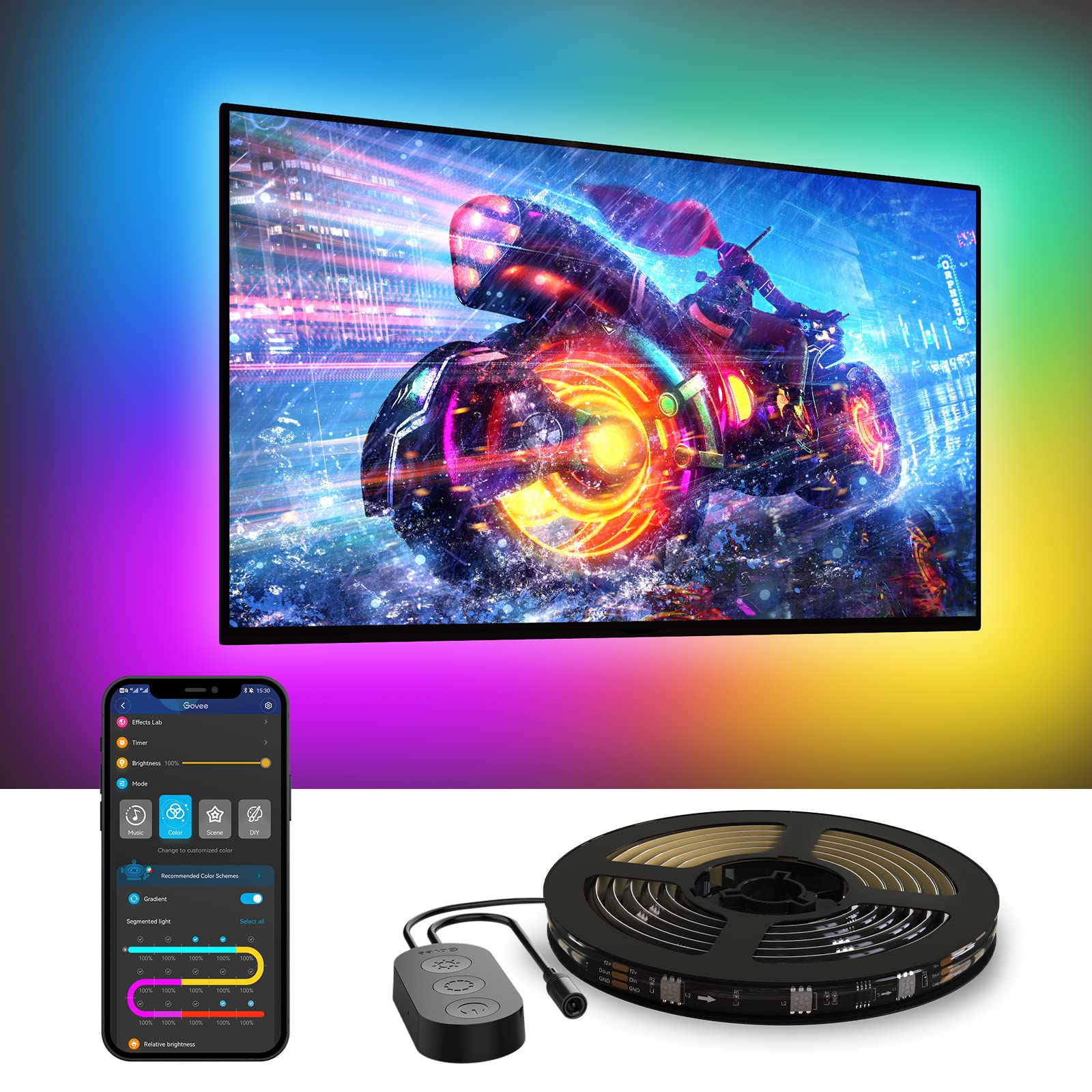 Govee TV LED Hintergrundbeleuchtung, RGBIC Smart LED-Lichtstreifen für 55-65 Zoll Fernseher, Bluetooth und Wi-Fi APP-Steuerung, Kompatibel mit Alexa & Google Assistant, Musiksynchronisierung, über 99 Szenenmodi, Adapter