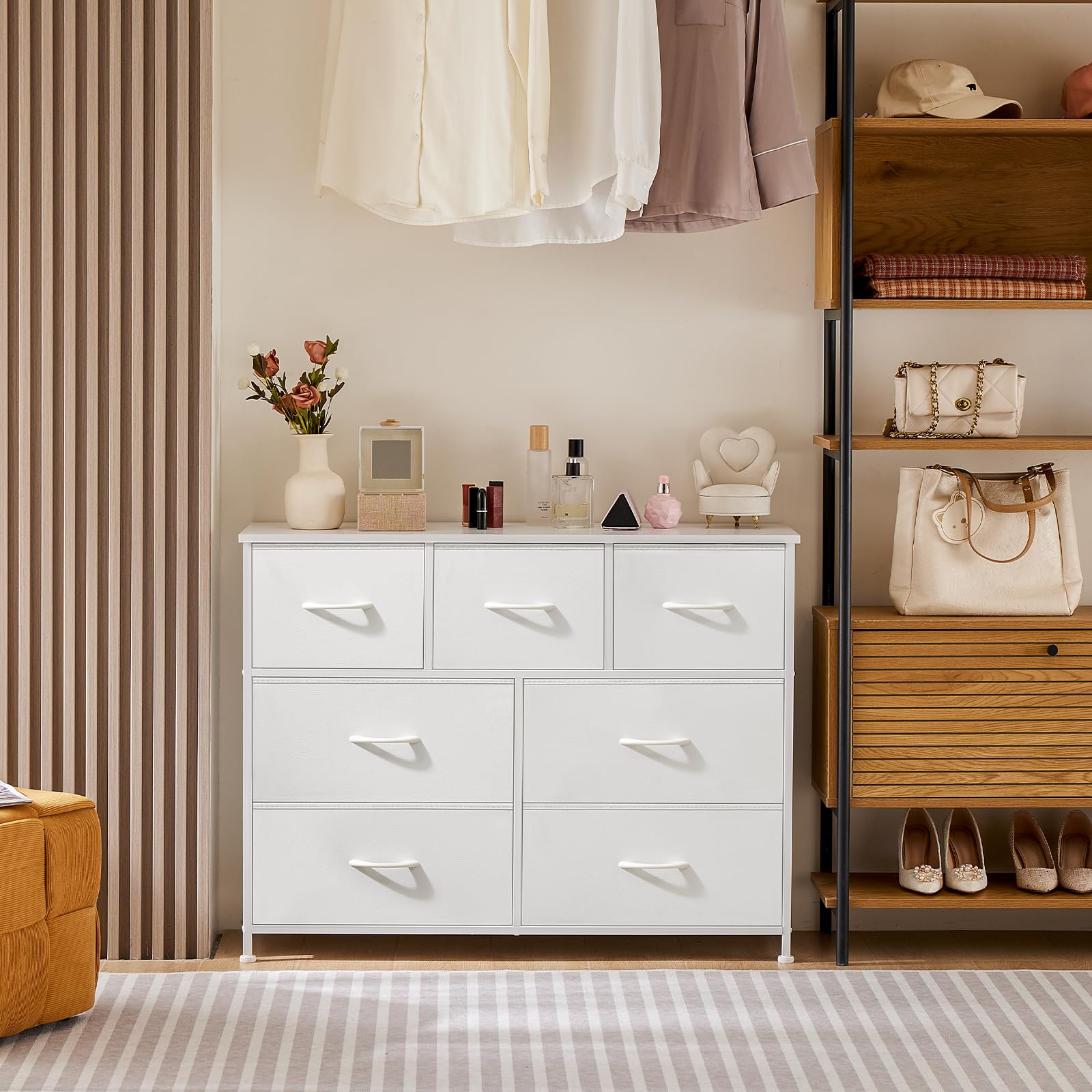 OLIXIS Dresser for Bedroom, 7 Storage Drawers, Wide Fabric Closet Chests Organizer Tower Furniture, TV Stand with Wooden Top Metal Frame for Clothes, Living Room, Hallway, Entryway, Classic White