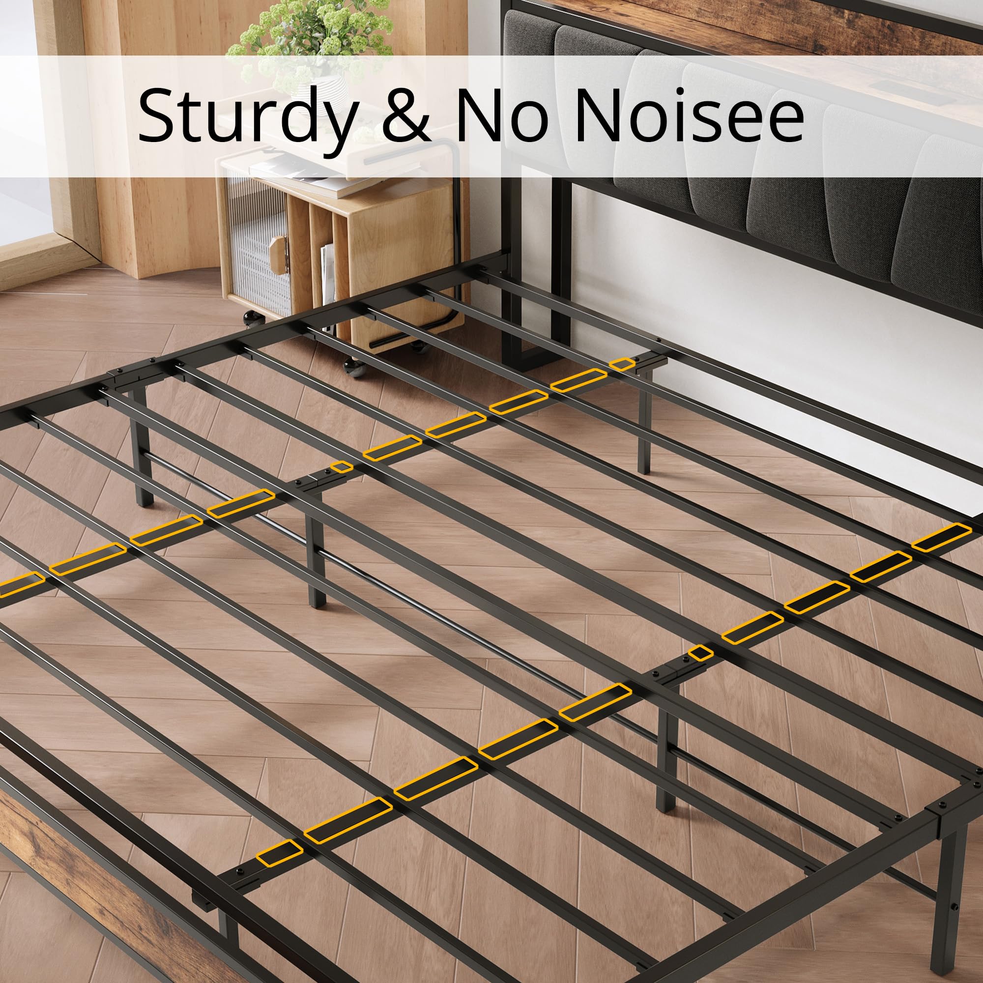 LIKIMIO King Size Bed Frame, Storage Headboard with Charging Station, Solid and Stable, Noise Free, No Box Spring Needed, Easy Assembly
