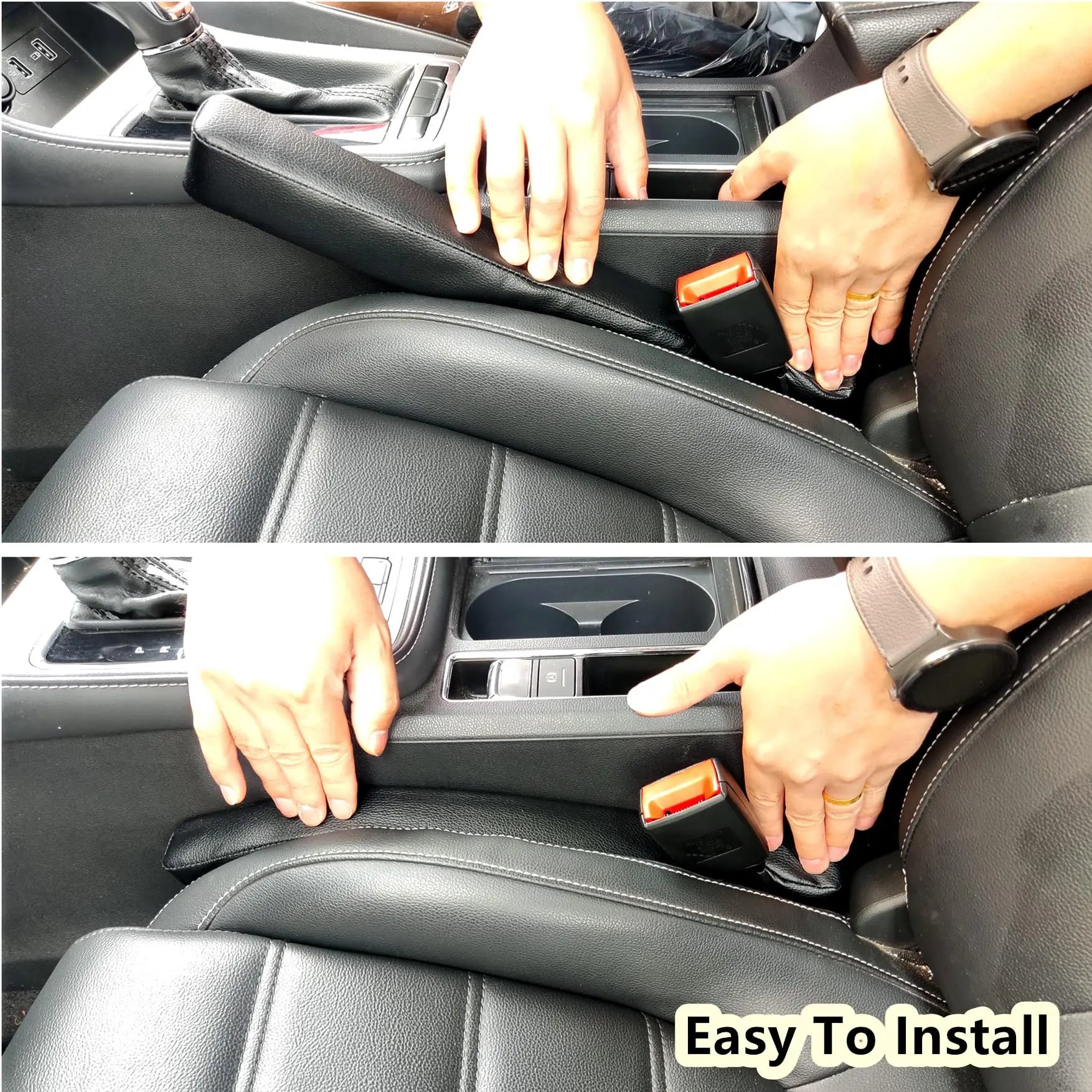 Wuzno Leather Car Seat Gap Filler, 2 Pack No-Drop Seat Guard Universal Gap Stopper/Catcher to Fill The Gap Between Seat and Console Black Car Crevice Blocker Space Pad