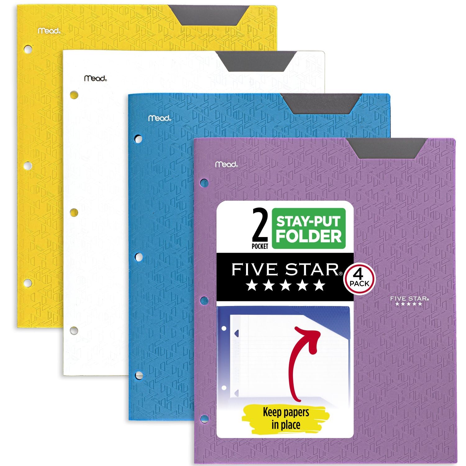 Five Star 2-Fächer-Mappe, 4er-Pack, Kunststoffmappe mit Stay-Put-Laschen, passend für 3-Ring-Ordner, fasst 8-1/2" x 11" Papier, Tidewater Blue, Weiß, Amethyst Purple, Harvest Yellow (38065)