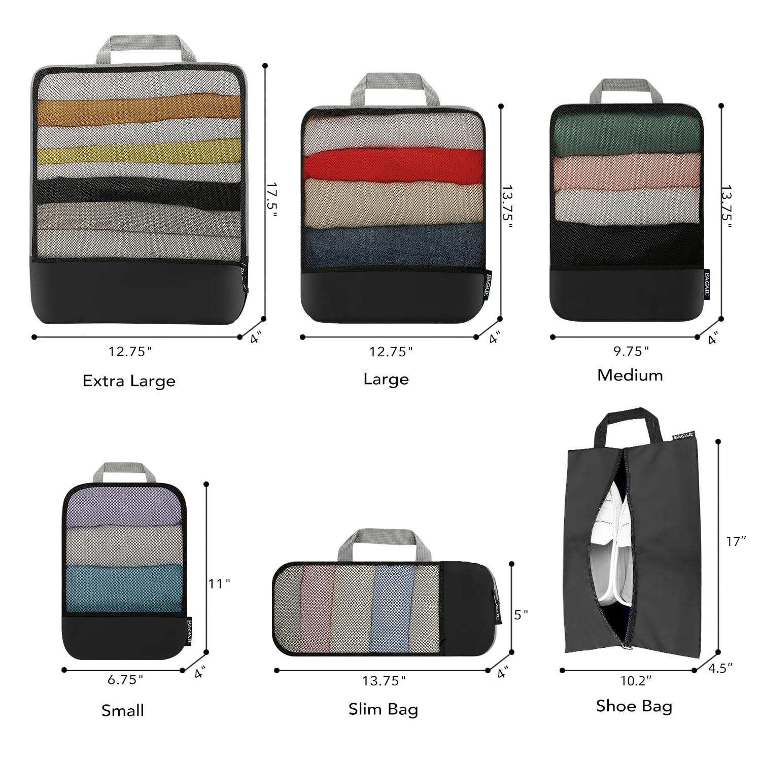 BAGAIL 4 Set/6 Set/8 Set Compression Packing Cubes Travel Accessories Expandable Packing Organizers (Half Mesh, 6-Black)