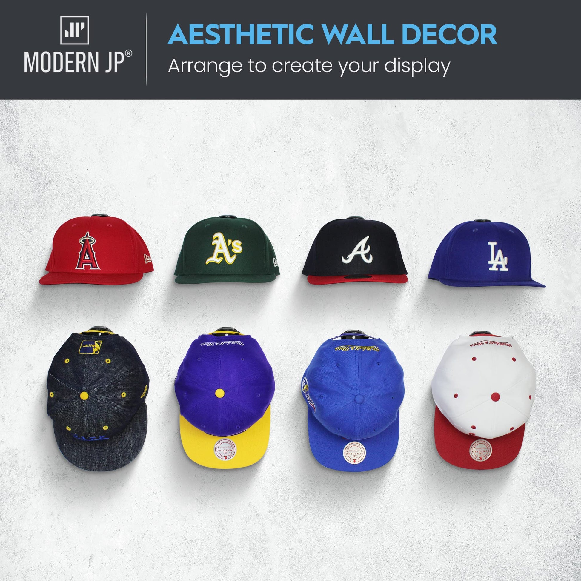 Modern JP Adhesive Hat Hooks for Wall (16-Pack) - Hat Rack for Baseball Caps, Minimalist Hat Display, Strong Hold Hat Hangers for Wall - USA Patented, Black