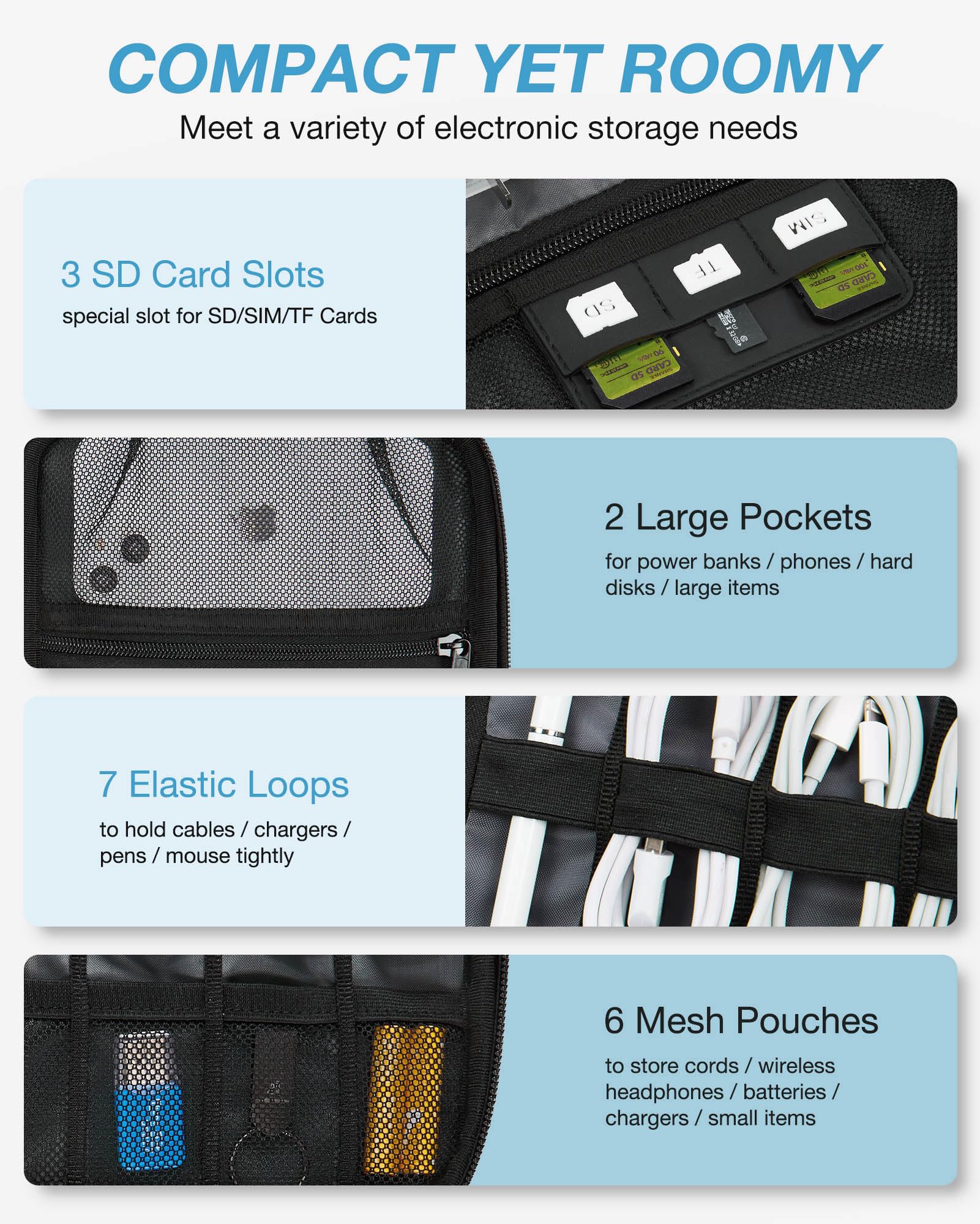 BAGSMART Electronics Travel Organizer Case, Tech Accessories Cord Storage Bag for Phone, Power Bank, SD Card, Cables, Black