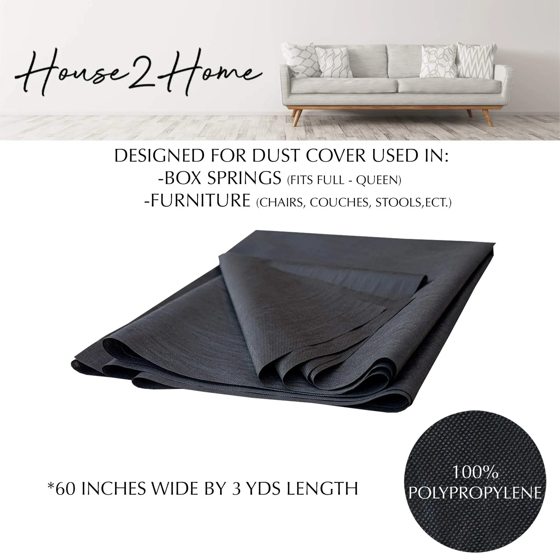 House2Home 60 Inch x 3 Yard Upholstery Black Cambric Dust Cover Fabric Replacement for Sofas, Chairs, Full and Queen Box Spring Foundations, Conceals Frame and Staples Inside Furniture