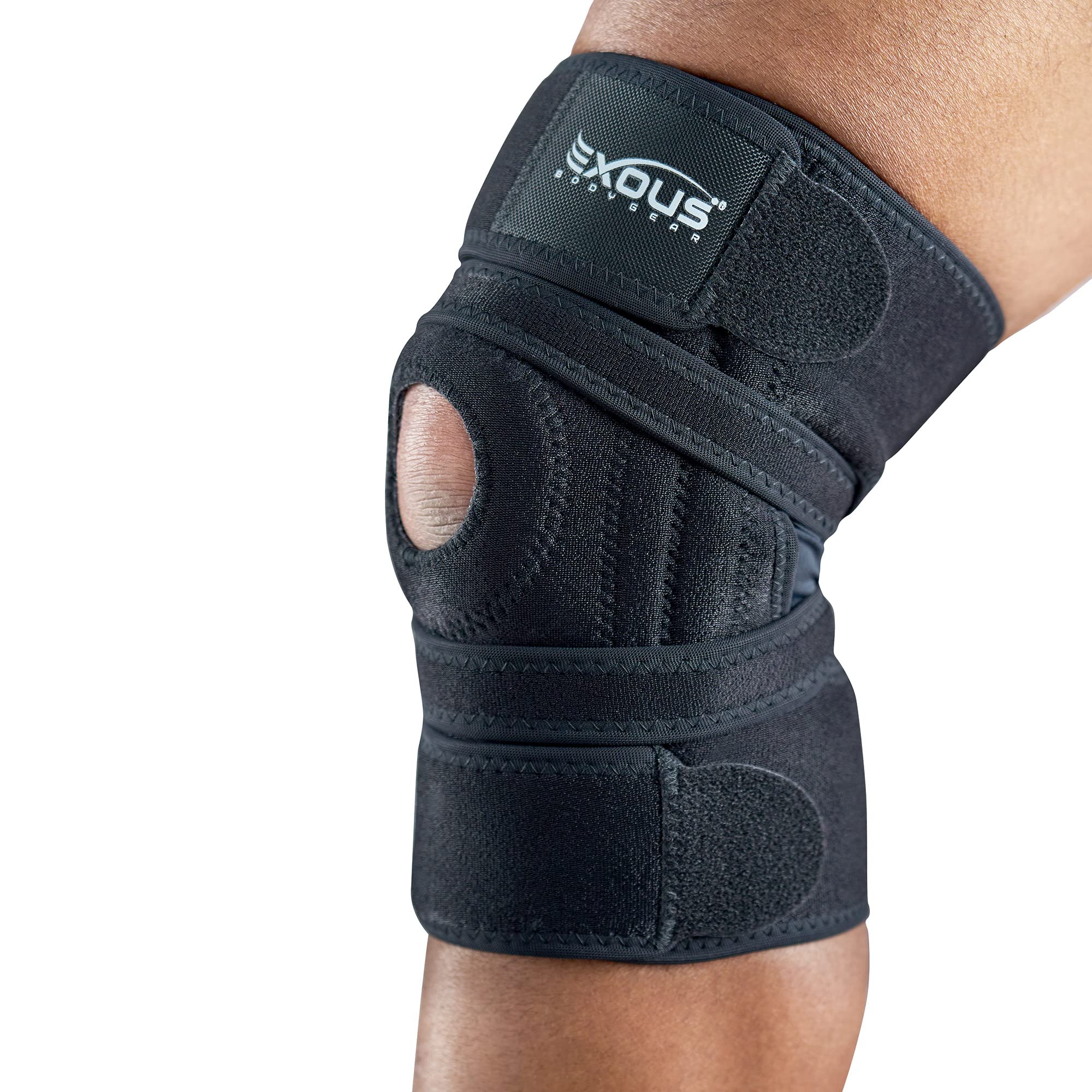 EXOUS BODYGEAR Knieorthese zur Meniskusriss-Unterstützung bei Arthritis, ACL-, MCL-Schmerzen, patentierter 4-fach verstellbarer Wickelgurt, dualer Seitenstabilisator für Patellastabilität Größe [medium]