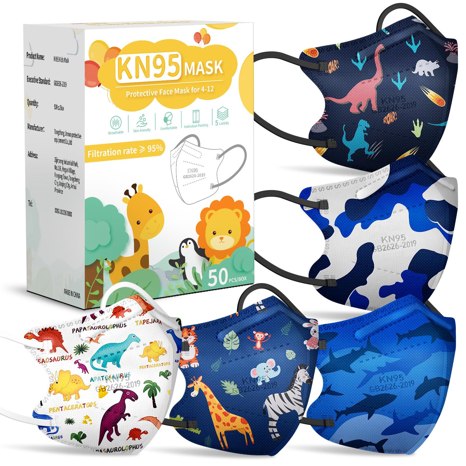 FENFEN Kids KN95 Gesichtsmaske Einweg - Kinder KN 95 Masken Kinder Kleine Größe Atmungsaktiv Jungen Kinder KN95 Maske Mascaras KN95 Para Nios 50 Stück