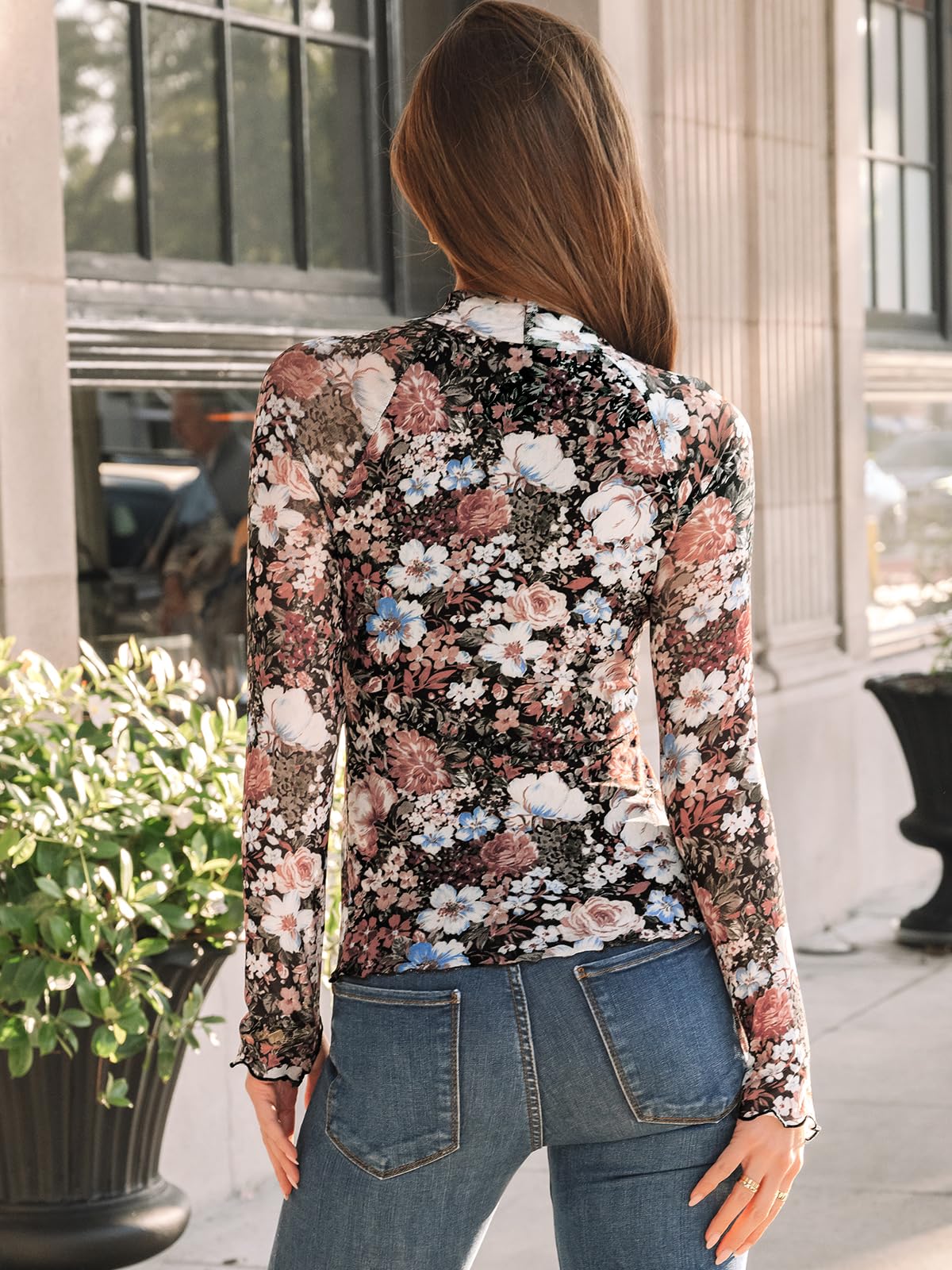 Dealmore Lace Long Sleeve Floral Mesh Mockneck Going Out Tops for Women Fashion Fall Outfits 2024 Floral Fierce M