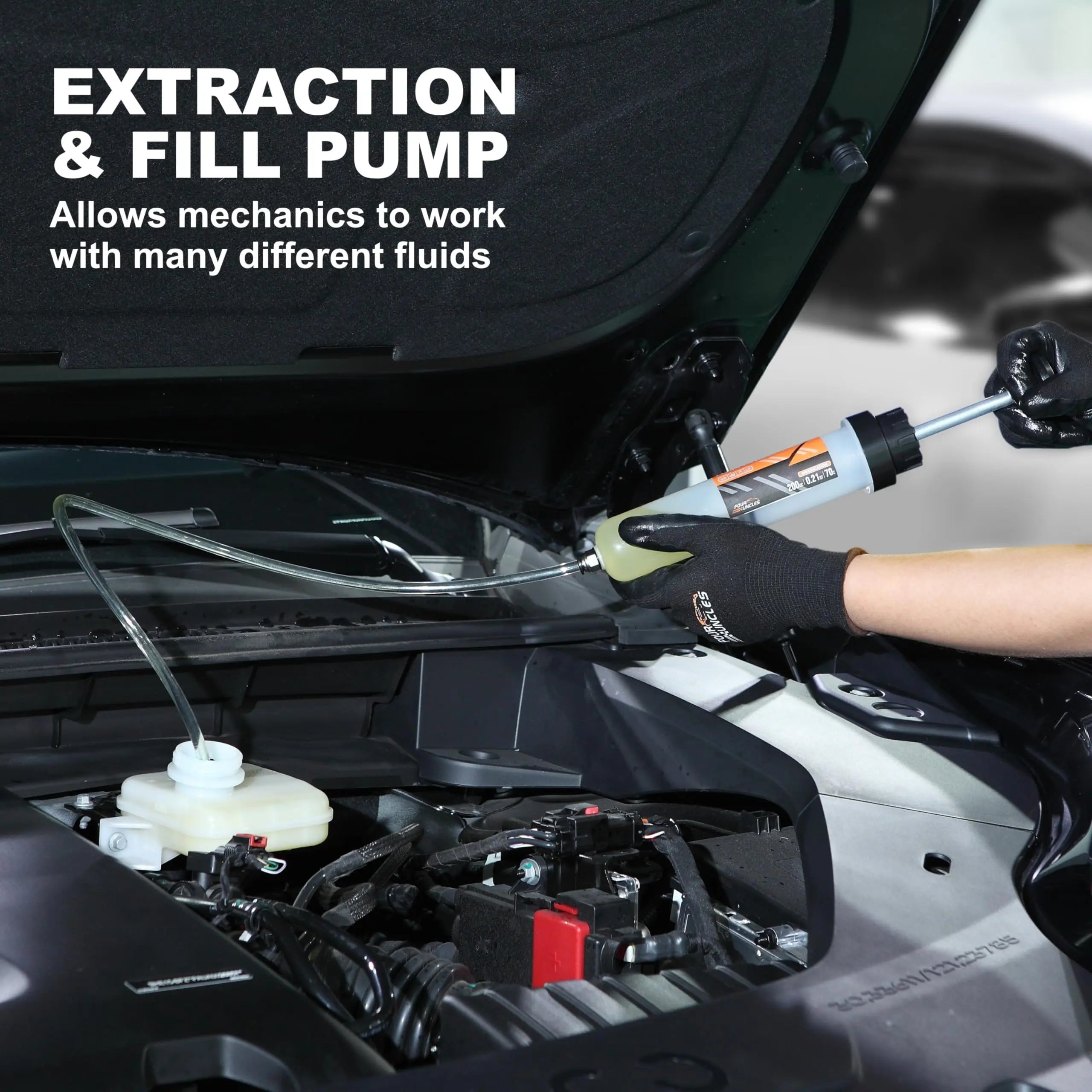 FOUR UNCLES 200cc Fluid Extractor & Fill Pump for Automotive Use - Oil Syringe with a 23" Hose & Two 12" Extension Tubes for Easy Oil Change