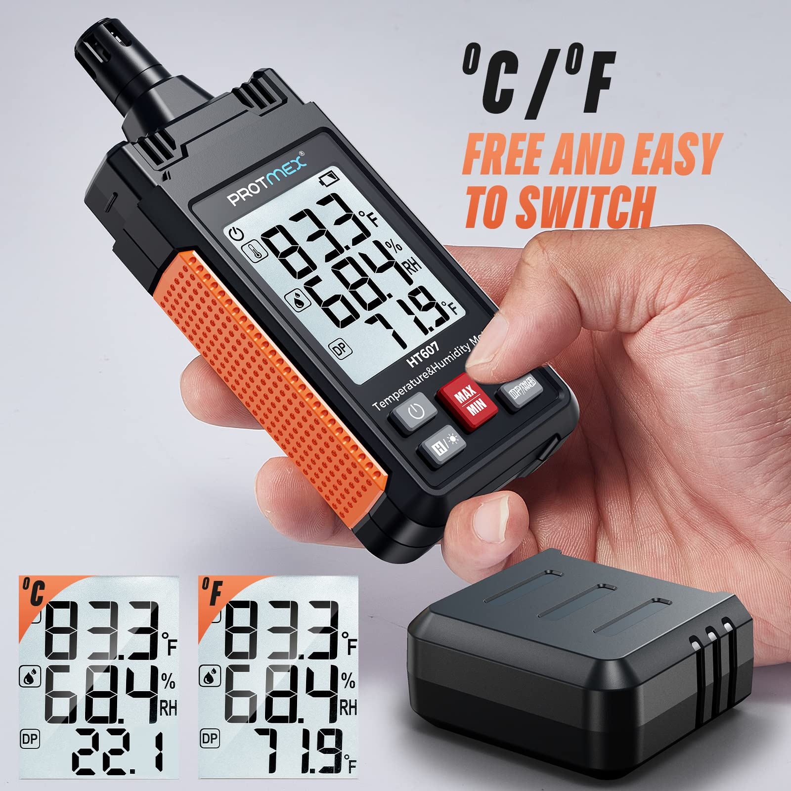 Protmex HT607 Temperature Humidity Meter High Precision Digital Hygrometer with Ambient, Relative Humidity, Dew Point, Wet Bulb Thermometer, Min/Max Hold, LCD Backlight with Cover Protector