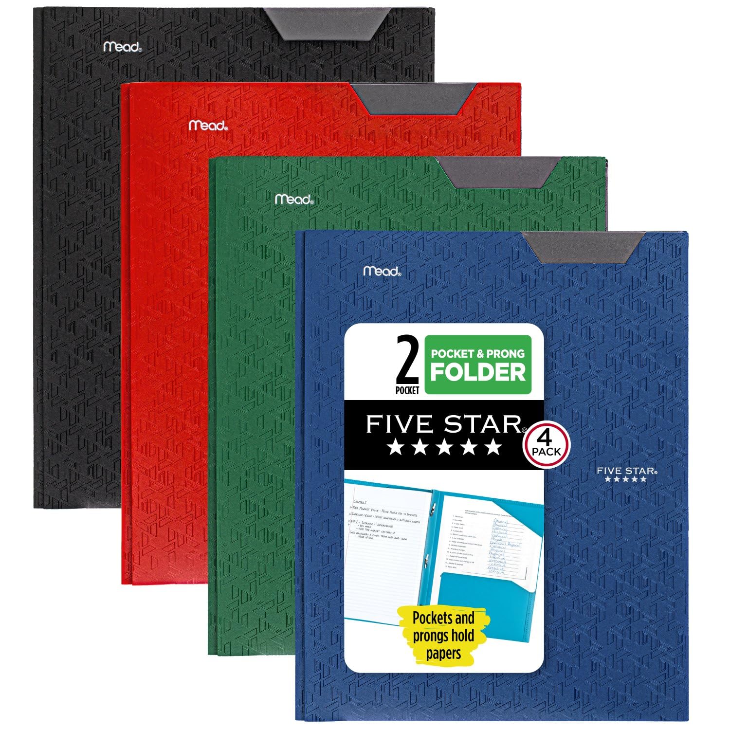 Five Star 2-Fächer-Sammelmappe, 4er-Pack, Kunststoffordner mit Laschen und Klammerheftung, für 21,6 x 27,9 cm Papier, Schwarz, Feuerrot, Waldgrün, Pazifikblau (38048)