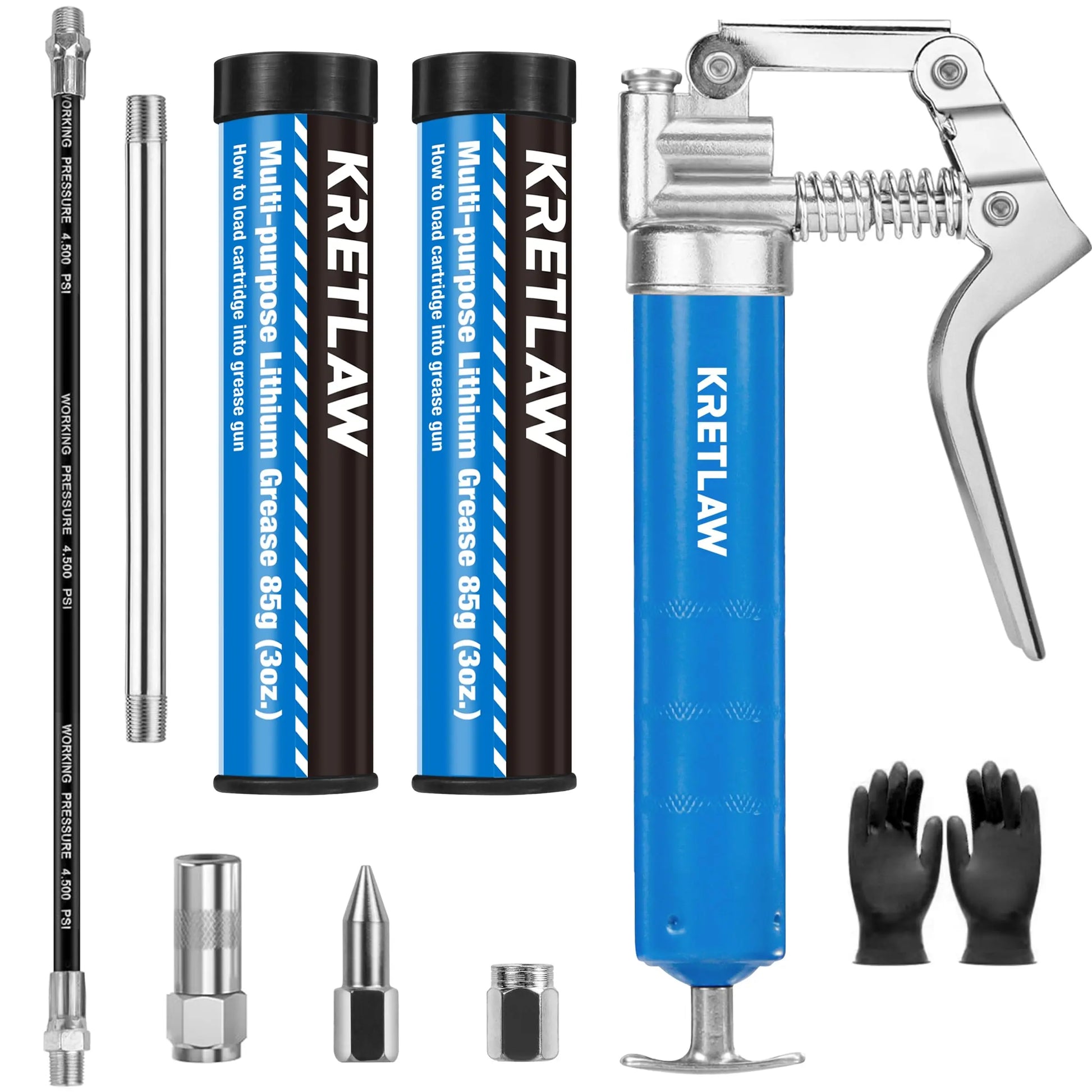 KRETLAW Mini Grease Gun (3000PSI) with Double 3oz Cartridge Grease and 12'' Flex Hose, Reinforced Coupler for Automotive,Marine