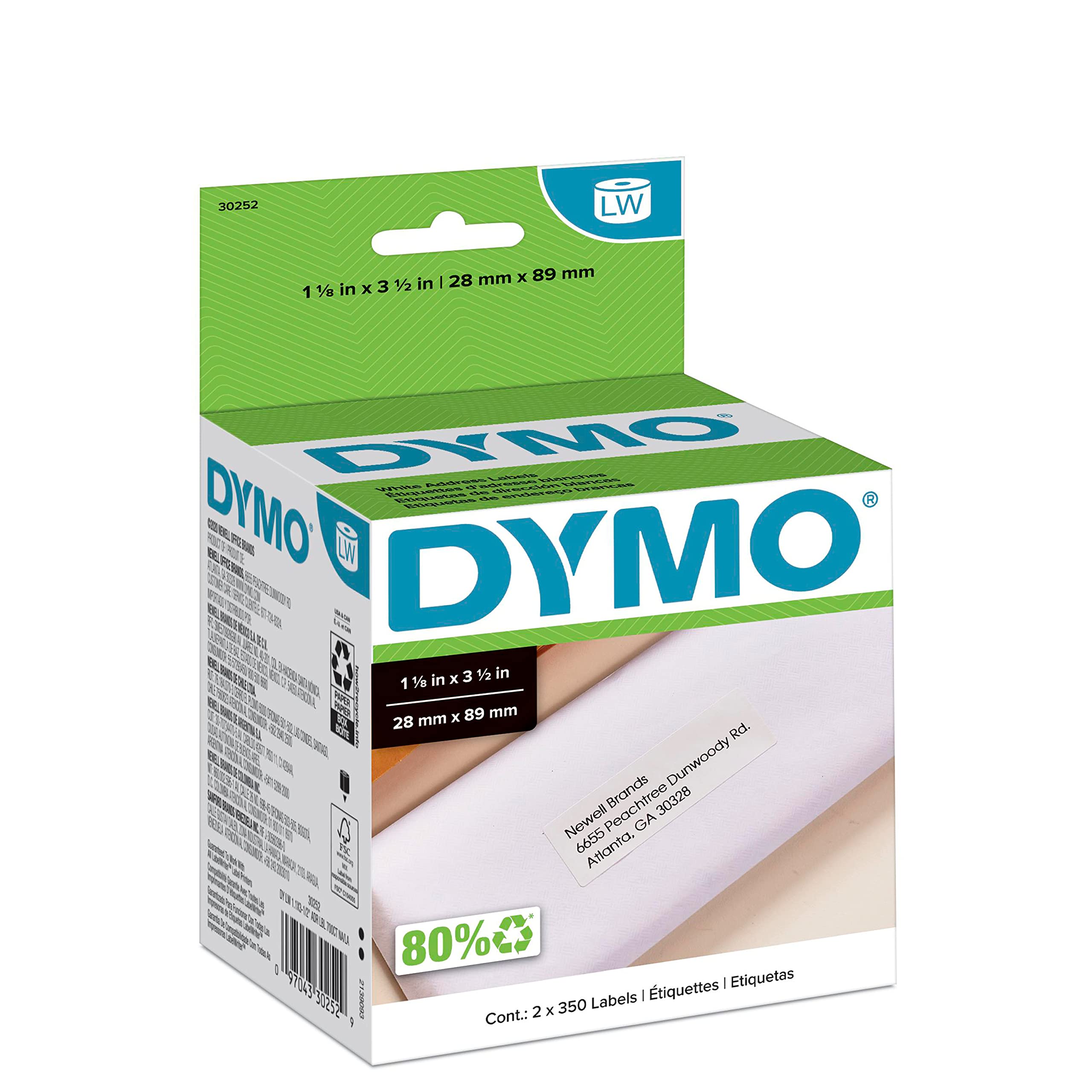 ملصقات عنوان بريدي بيضاء أصلية من DYMO LW، ملصقات DYMO لطابعات الملصقات LabelWriter، بحجم 1-1/8 بوصة × 3-1/2 بوصة، بكرتان من 350 (إجمالي 700)