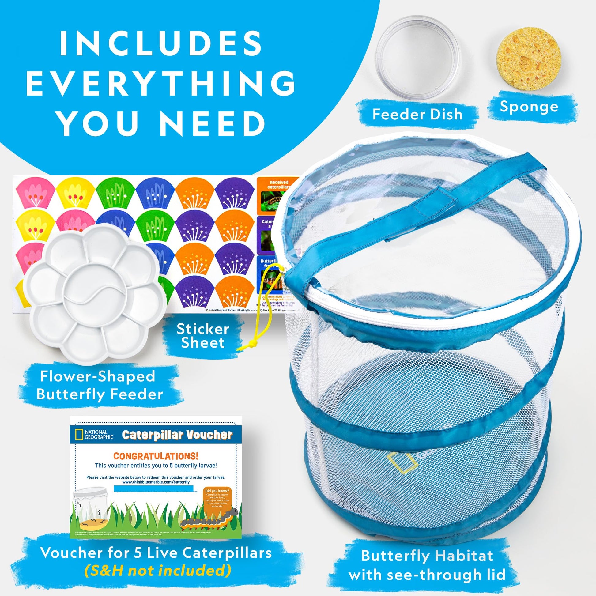 National Geographic Butterfly Growing Kit - Butterfly Habitat Kit with Voucher to Redeem 5 Caterpillars (S&H Not Included), Butterfly Cage, Feeder (Amazon Exclusive)