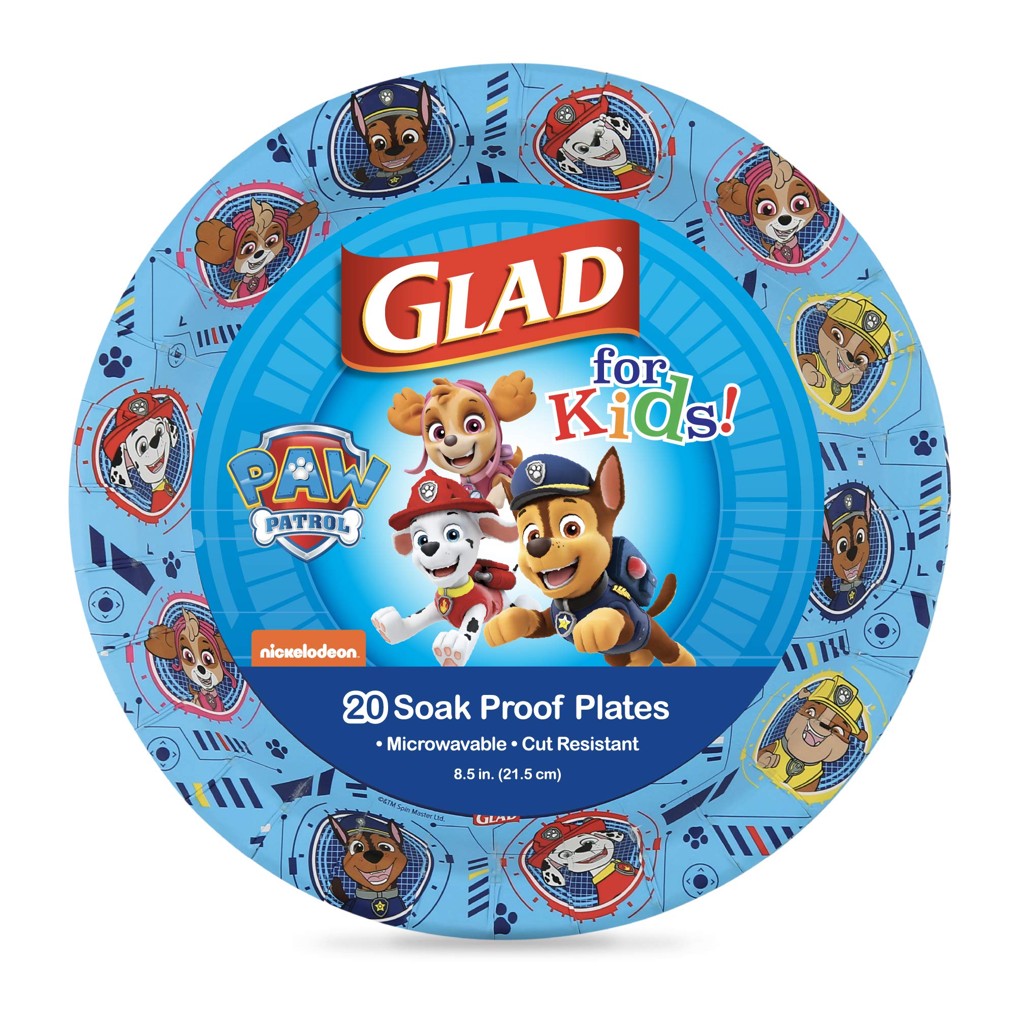 Glad for Kids Paw Patrol Runde Einweg-Pappteller, Core Pups Blau - Strapazierfähig, durchweichsicher, mikrowellengeeignet für den täglichen Gebrauch, 21,6 cm, 20 Stück