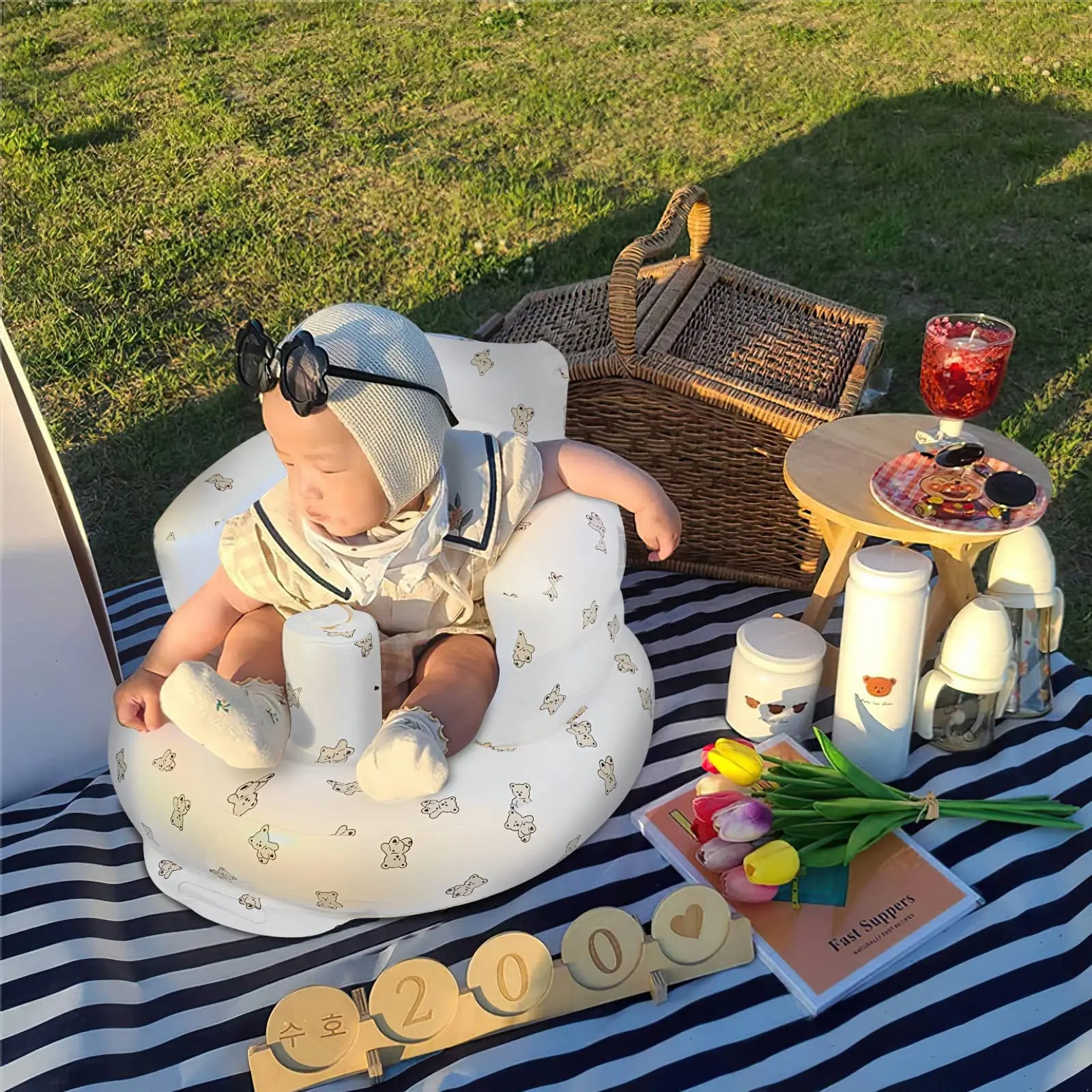 EKEPE Inflatable Baby Seat for Babies 3 Months & Up, Baby Floor Seats for Sitting Up, Baby Seats for Infants, Blow Up Baby Chair with Built in Air Pump - Bear