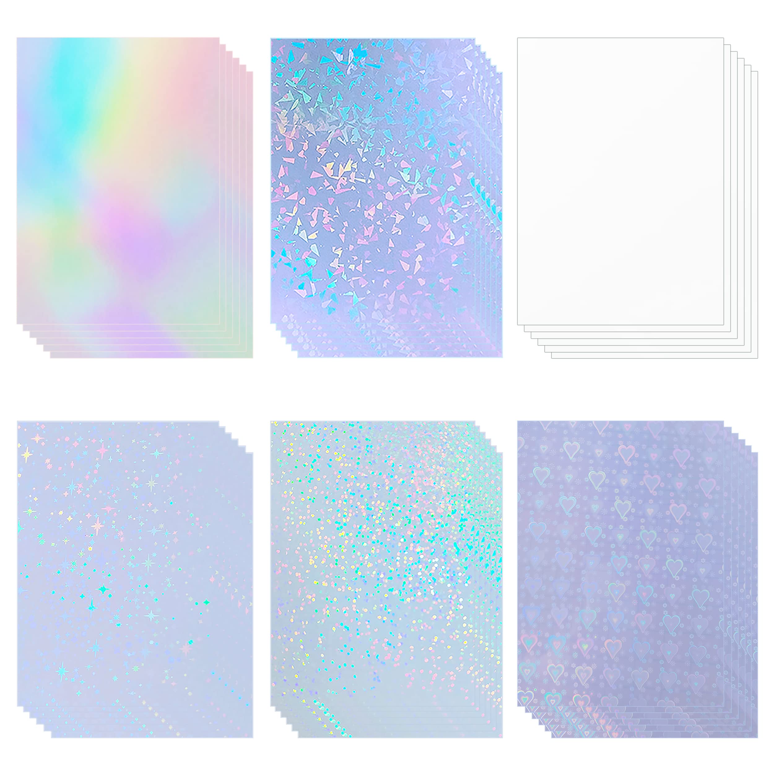 36 Blatt Holographisches Aufkleberpapier Holographische Klare Vinyl Selbstklebende Wasserdichte Transparente Laminierfolien Regenbogen-Overlay mit A4 (29,7 x 21 cm) 6 Gemischte Stile