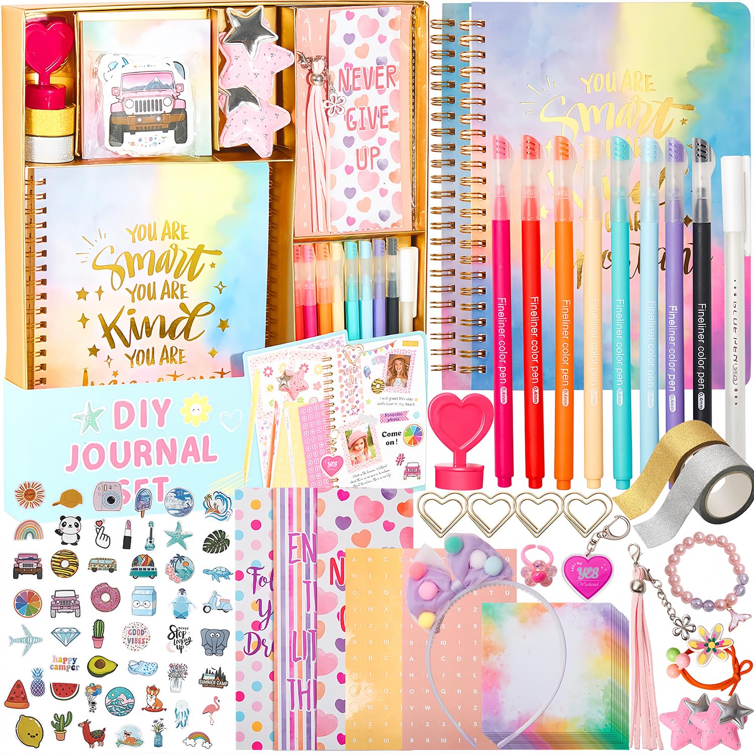 Mädchen DIY Tagebuch 54-teiliges Tagebuch-Set, Spielzeug für Alter 6 7 8 9 10 11 12 13, DIY Schreibwaren-Set, dünne Sticker und tägliche Mädchenbedarfsartikel, Geschenke für Teenager, gute Idee