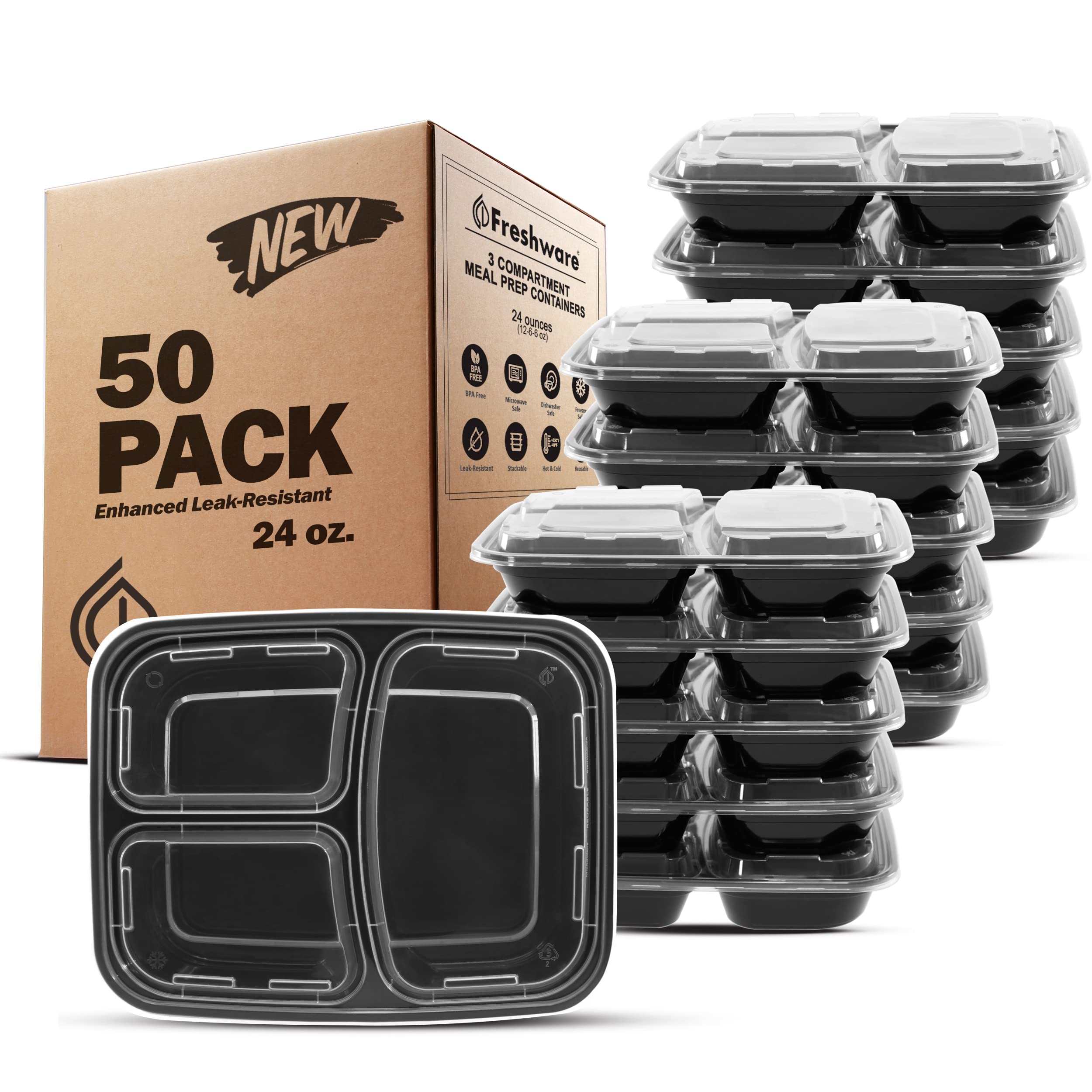 Freshware Meal Prep Behälter [50 Stück] 3-Fächer-Lebensmittelbehälter mit Deckel, Bento Box, BPA-frei, stapelbar, Mikrowellen-/Spülmaschinen-/Gefrierfach-geeignet (700 ml)