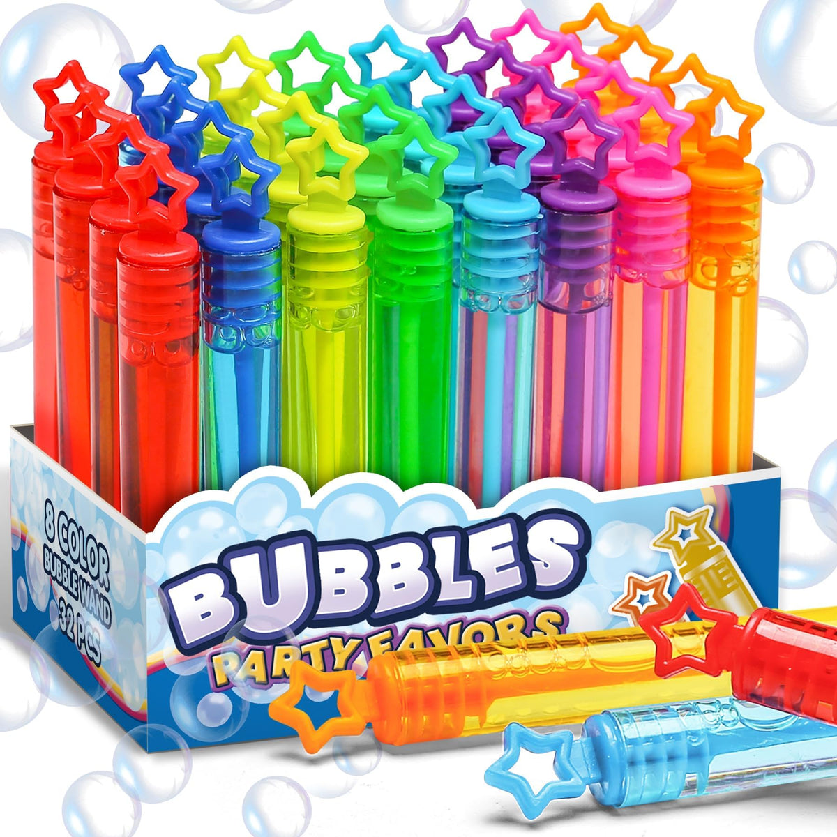 32 Stück 8 Farben Neon-Seifenblasen-Partygeschenke für Kinder, Mini-Stern-Seifenblasenstäbe Großpackung in Geschenkbox als Mitgebsel, Klassenzimmer-Giveaways, Karnevalspreise, Geburtstagsgeschenke, Partyzubehör für Kleinkinder