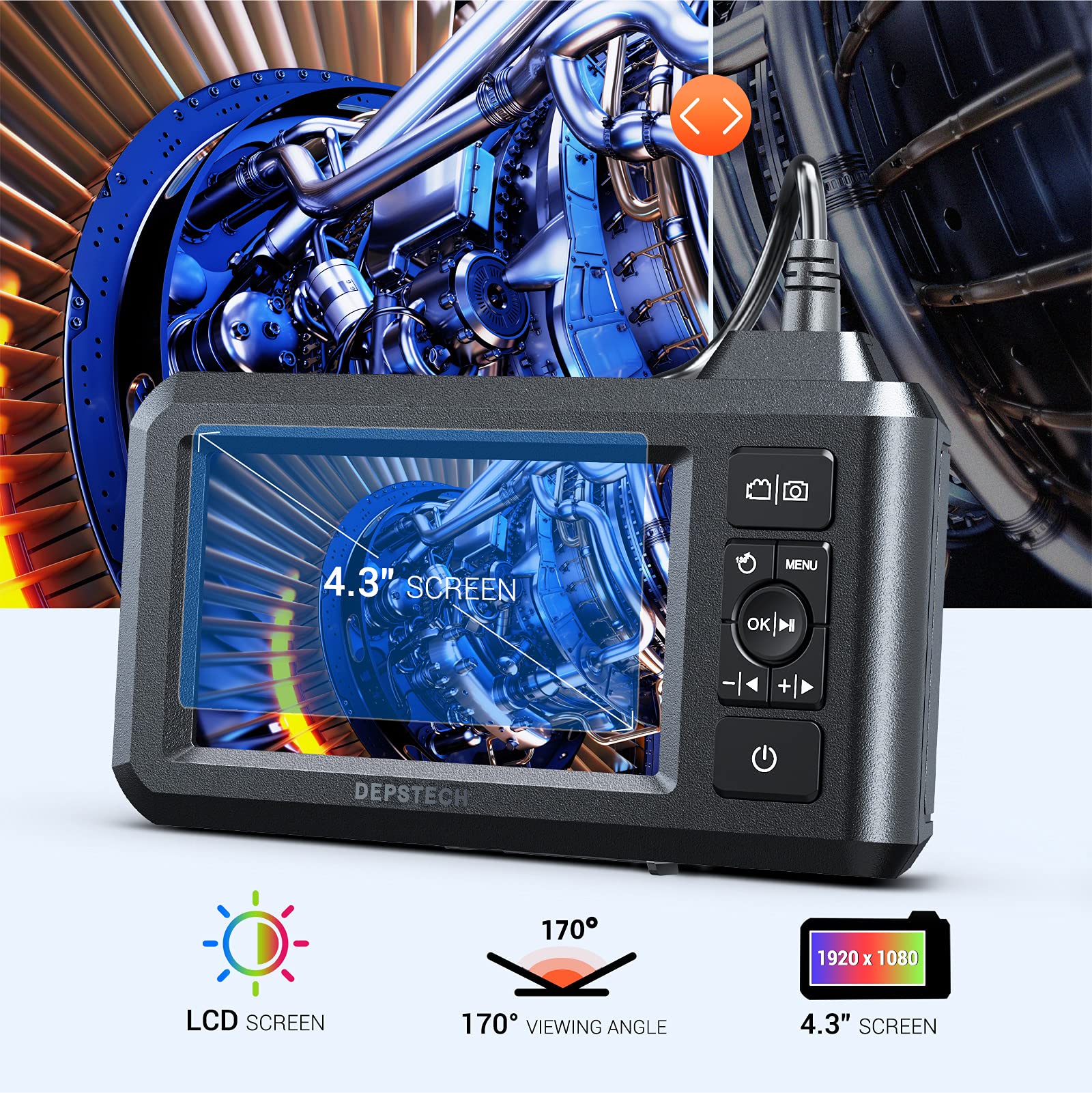 DEPSTECH Dual Lens Industrial Endoscope, 1080P Digital Borescope Inspection Camera, 7.9mm IP67 Waterproof Sewer Camera with 4.3" LCD Screen, 7 LED Lights, 16.5FT Semi-Rigid Cable, 32GB Card-Black