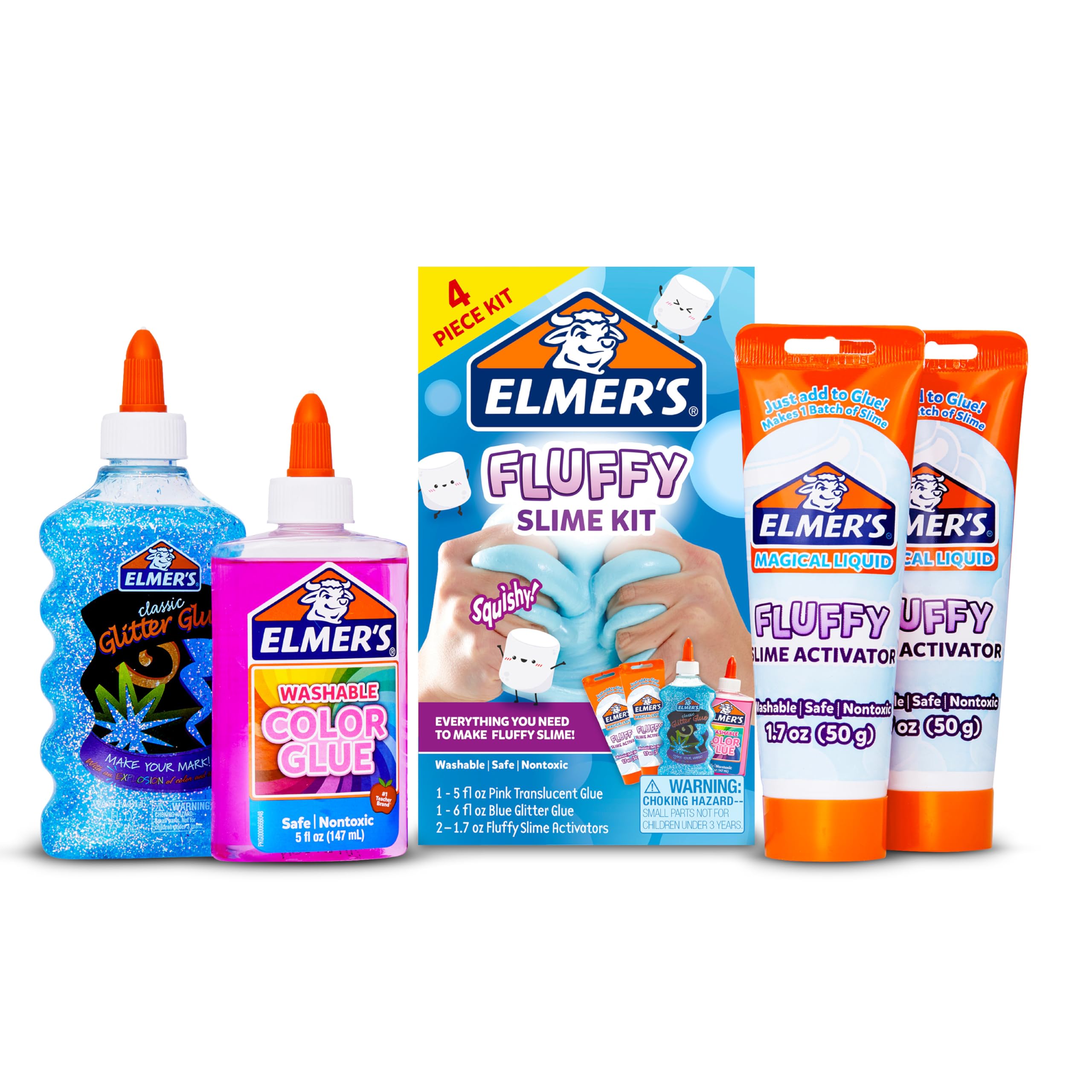 Elmer's Fluffy Slime Kit, enthält transluzenten Farbkleber, Glitzerkleber, Fluffy Slime Aktivator, 4er-Pack – Perfekt für Partys, als Geschenk, für Bastelstunden