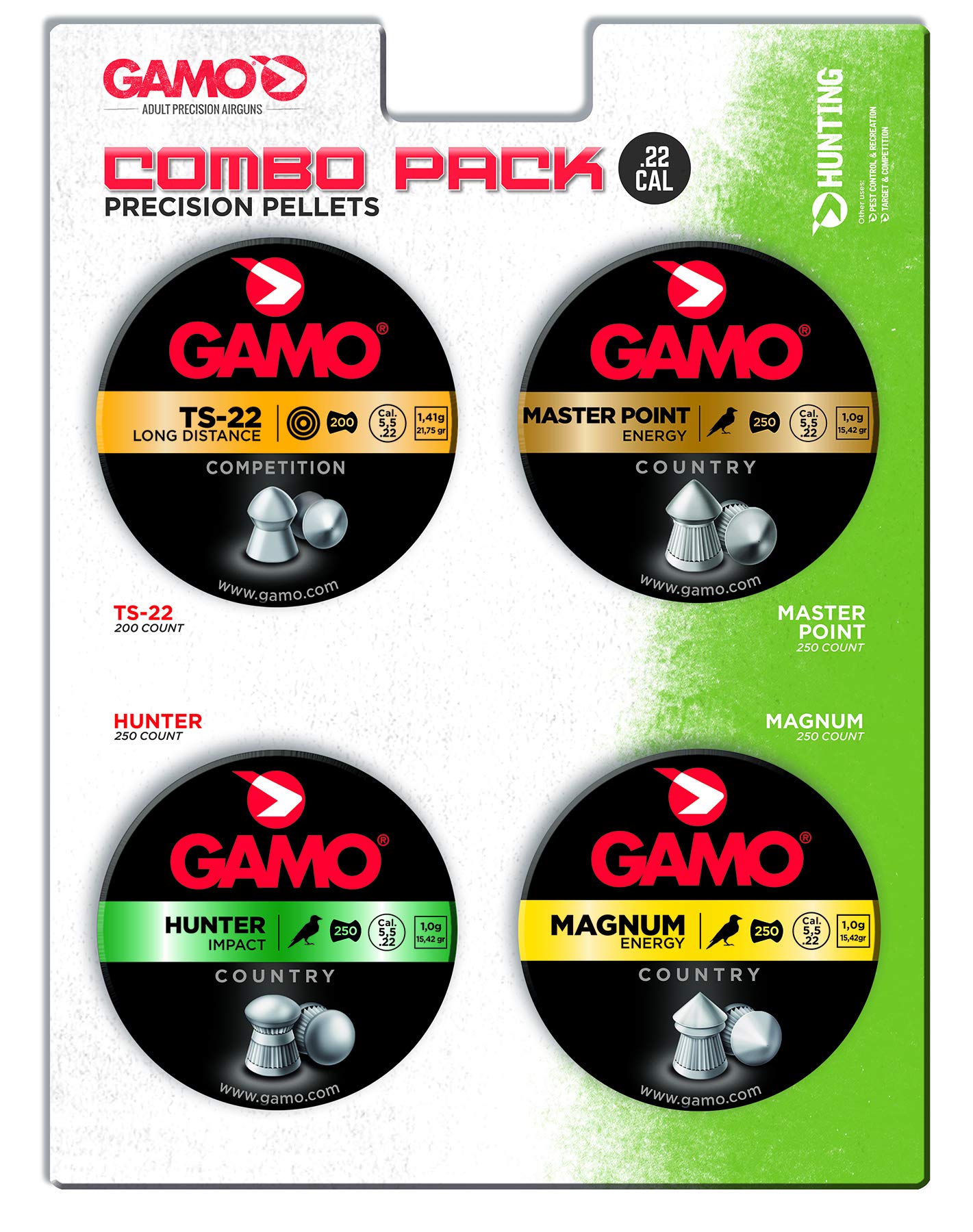 Gamo Kombipack sortierte Luftgewehrkugeln, Kaliber .22 (TS-22, Hunter, Magnum, Master Point)