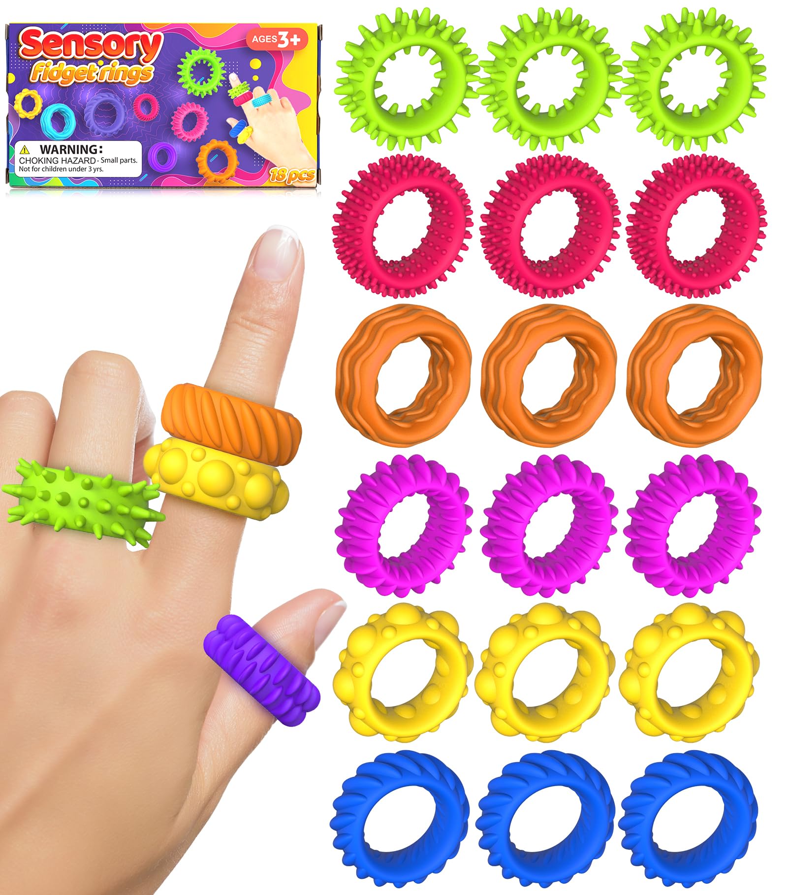 Fidget Toys sensorische Ringe für Kinder: Fidget Ring 18er-Pack - Sensorisches Spielzeug für Kinder mit Autismus - Leise Angst-Fidgets Großpackung für Klassenzimmerpreise - Weihnachtsgeschenk für den Nikolausstiefel