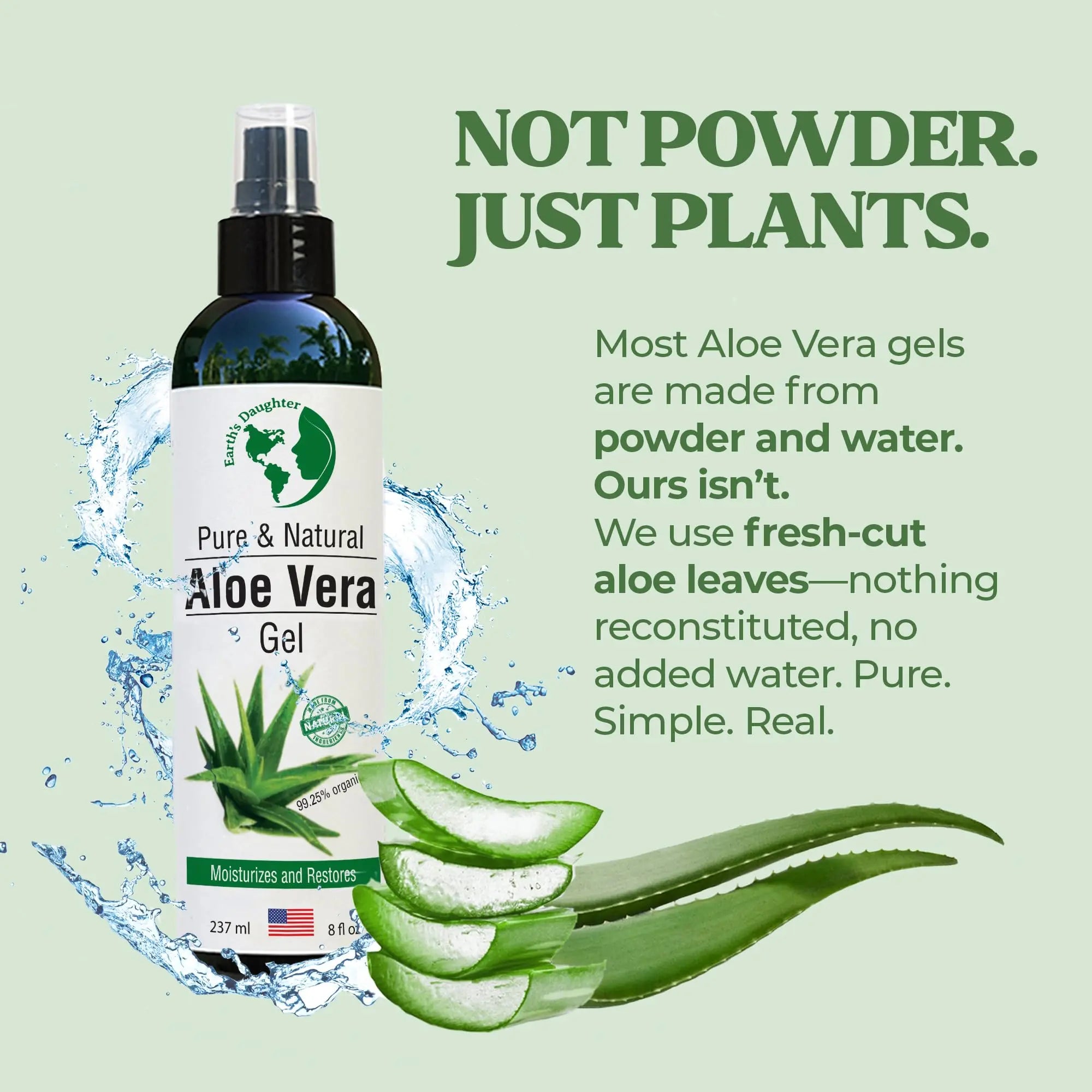 Earth's Daughter Organic Aloe Vera Gel from 100% Pure and Natural Cold Pressed Aloe - Great for Face - Hair - Acne - Sunburn - Bug Bites - Rashes - Eczema - 8 Oz.